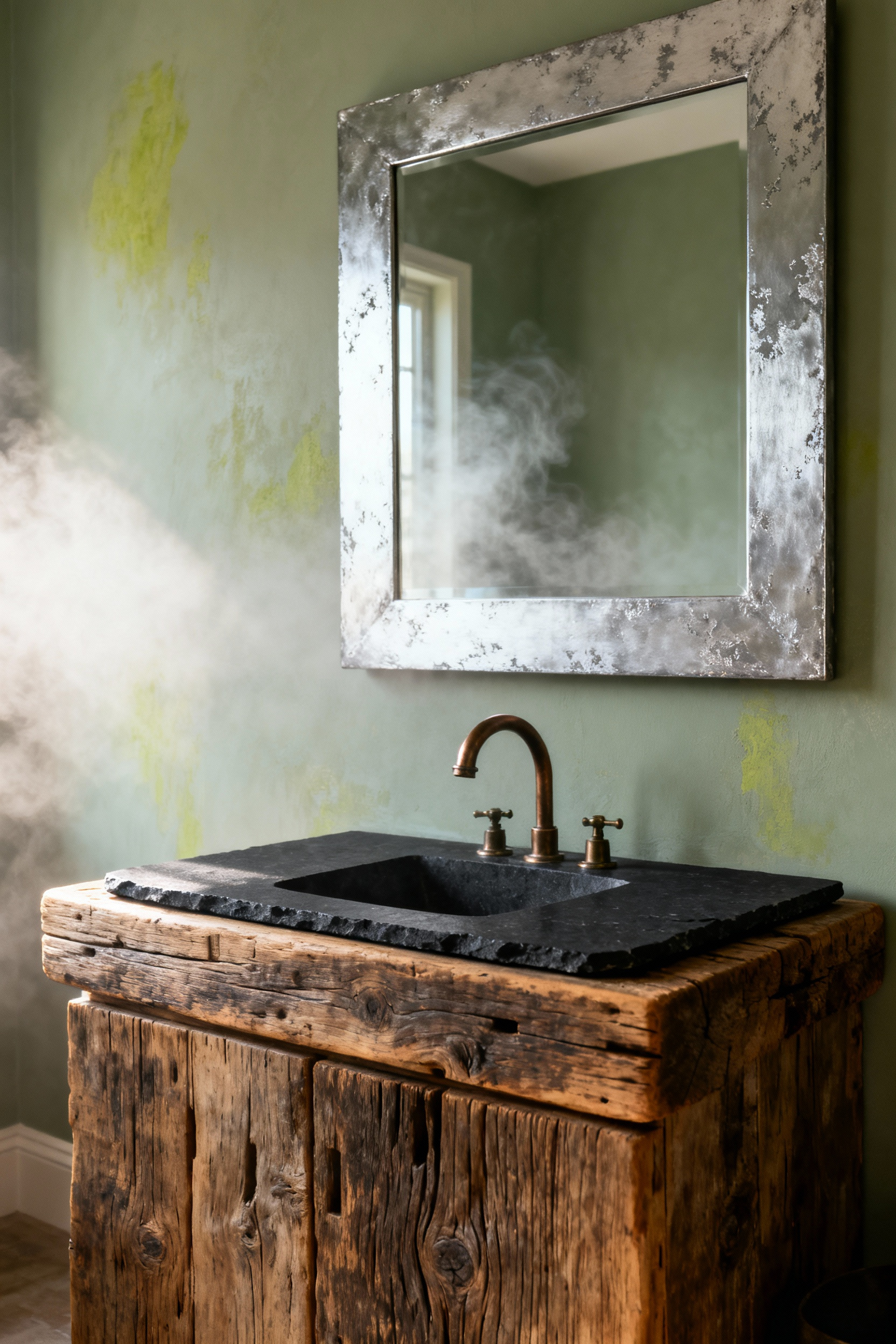 A full rustic bathroom scene showcasing the atmospheric glow created by a heavily foxed desilvered antique mirror hanging above a reclaimed oak vanity.