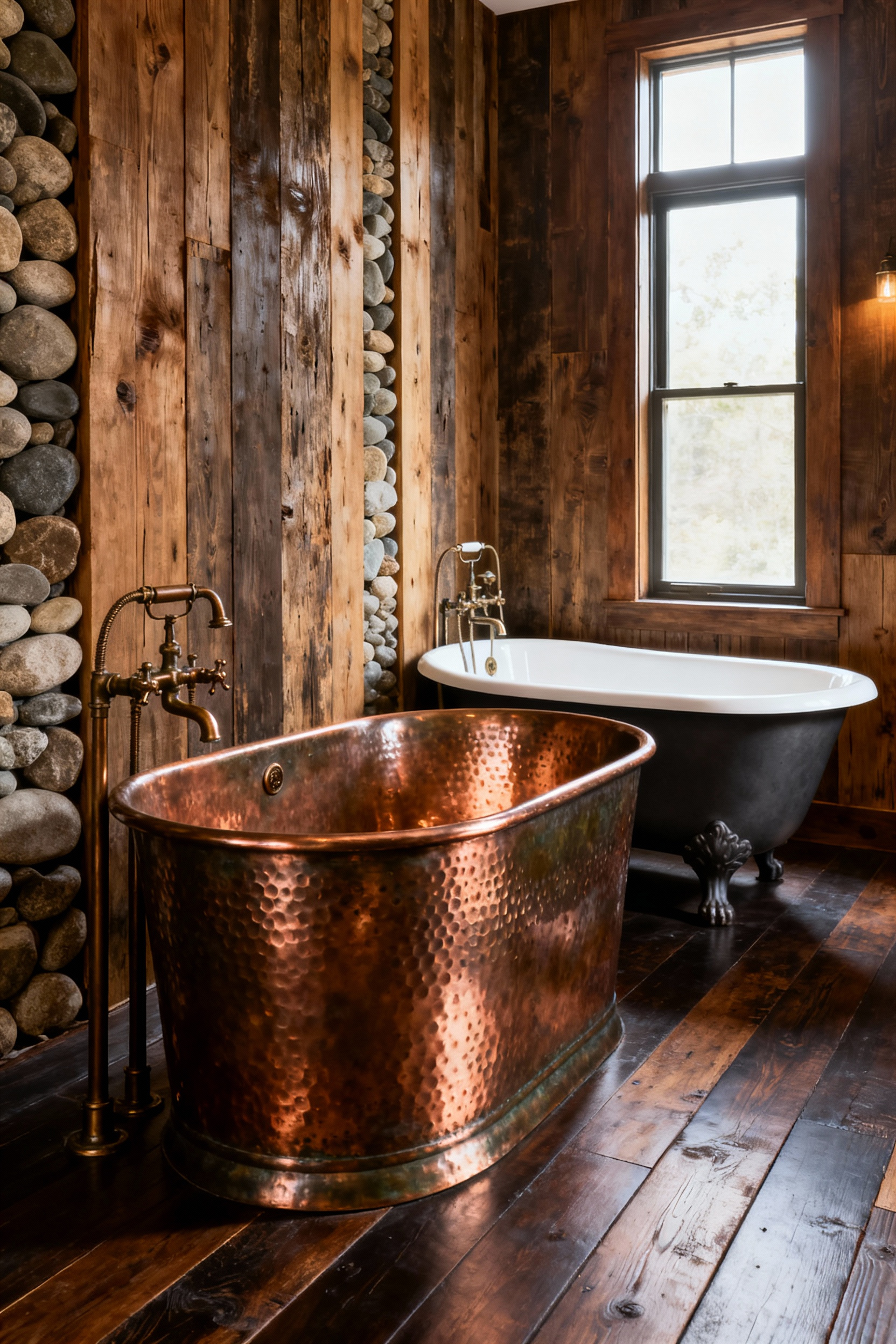 Rustic luxury bathroom showcasing a hammered copper soaking tub and a restored matte black cast iron clawfoot tub on reclaimed wood flooring.