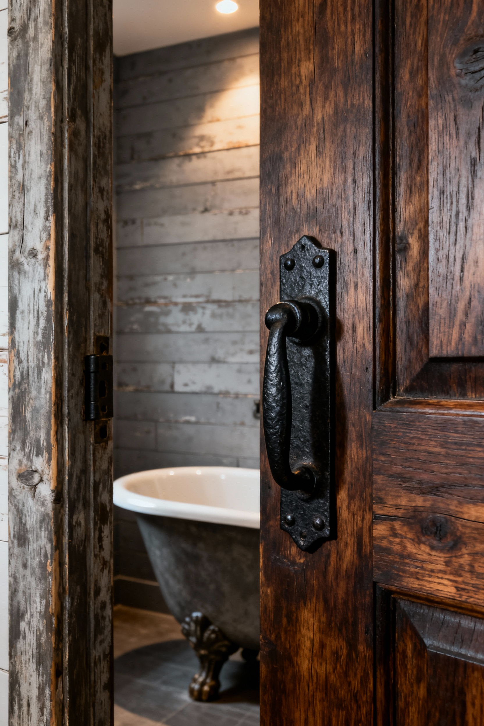 A high-contrast photograph of a dark rustic bathroom door featuring a hand-forged black iron Suffolk latch, demonstrating the intentional use of visible traditional hardware mixed with concealed modern hinges.