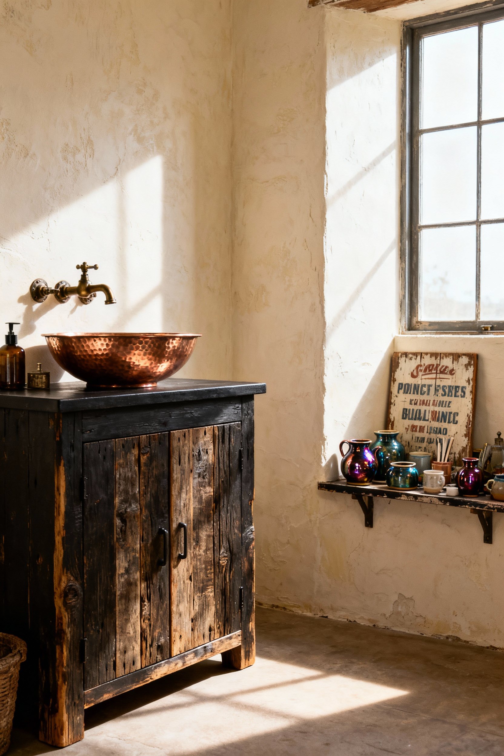 A visual distinction between authentic time-worn elegance (reclaimed wood vanity and hammered copper sink) and cheap, imitation kitsch accessories in a sunlit rustic bathroom.