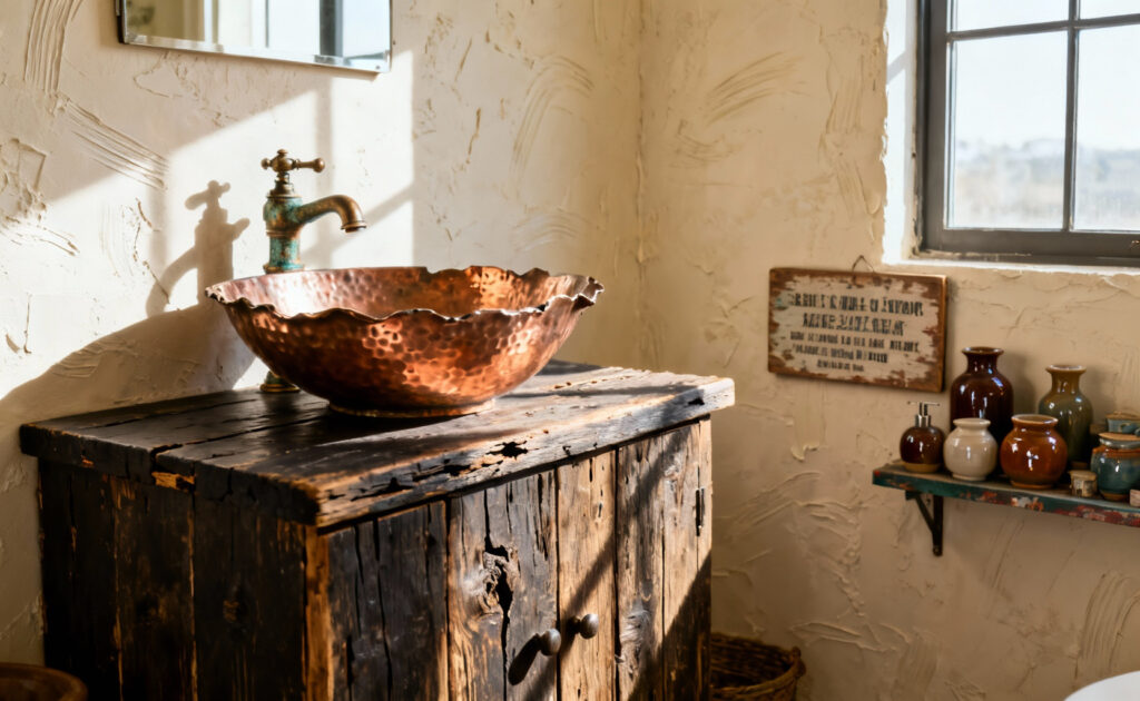 A visual distinction between authentic time-worn elegance (reclaimed wood vanity and hammered copper sink) and cheap, imitation kitsch accessories in a sunlit rustic bathroom.