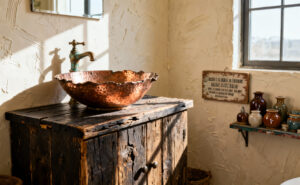 A visual distinction between authentic time-worn elegance (reclaimed wood vanity and hammered copper sink) and cheap, imitation kitsch accessories in a sunlit rustic bathroom.