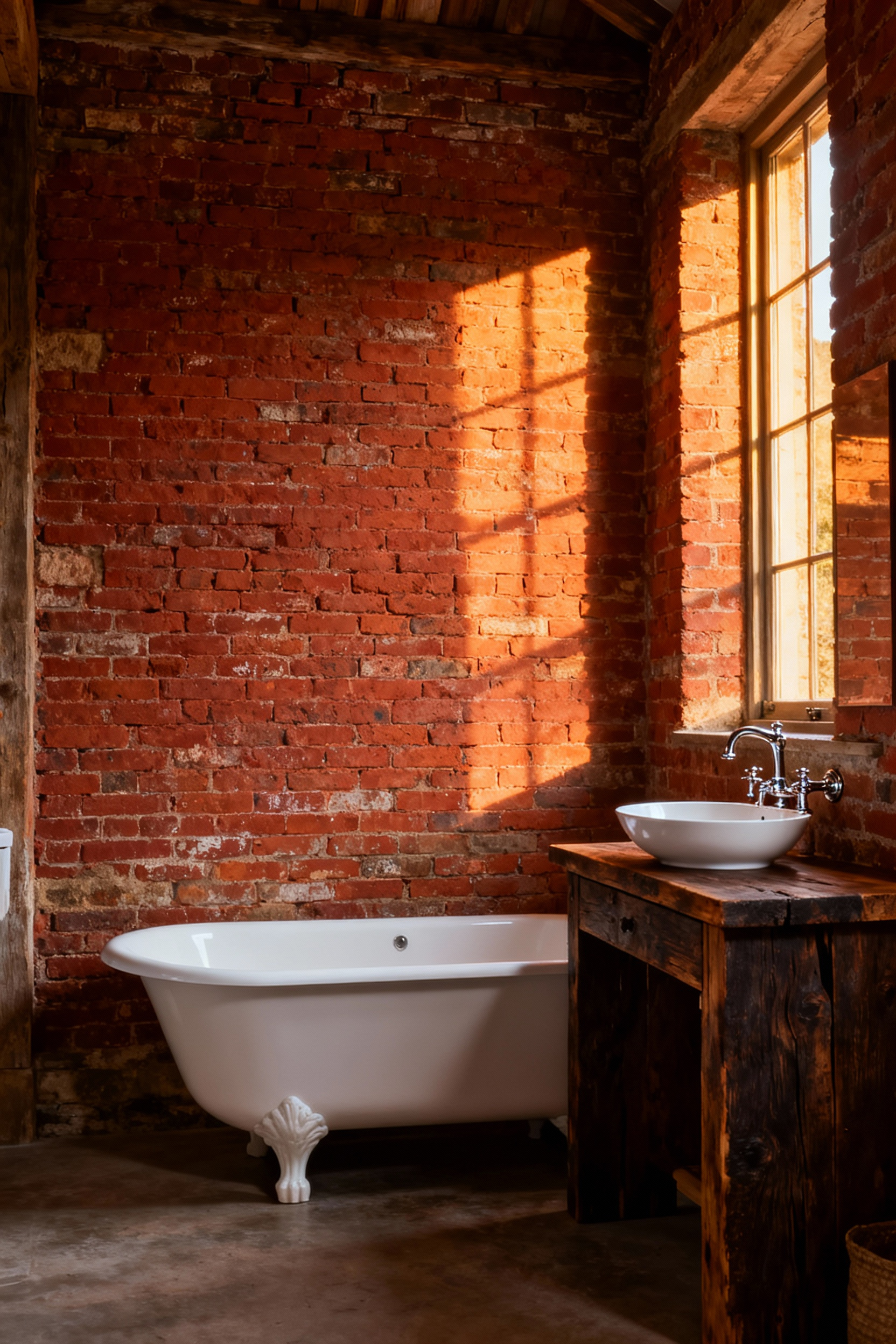 A rustic bathroom featuring a highly textured exposed brick wall contrasted with a white porcelain clawfoot tub and polished chrome fixtures, lit by warm natural light.