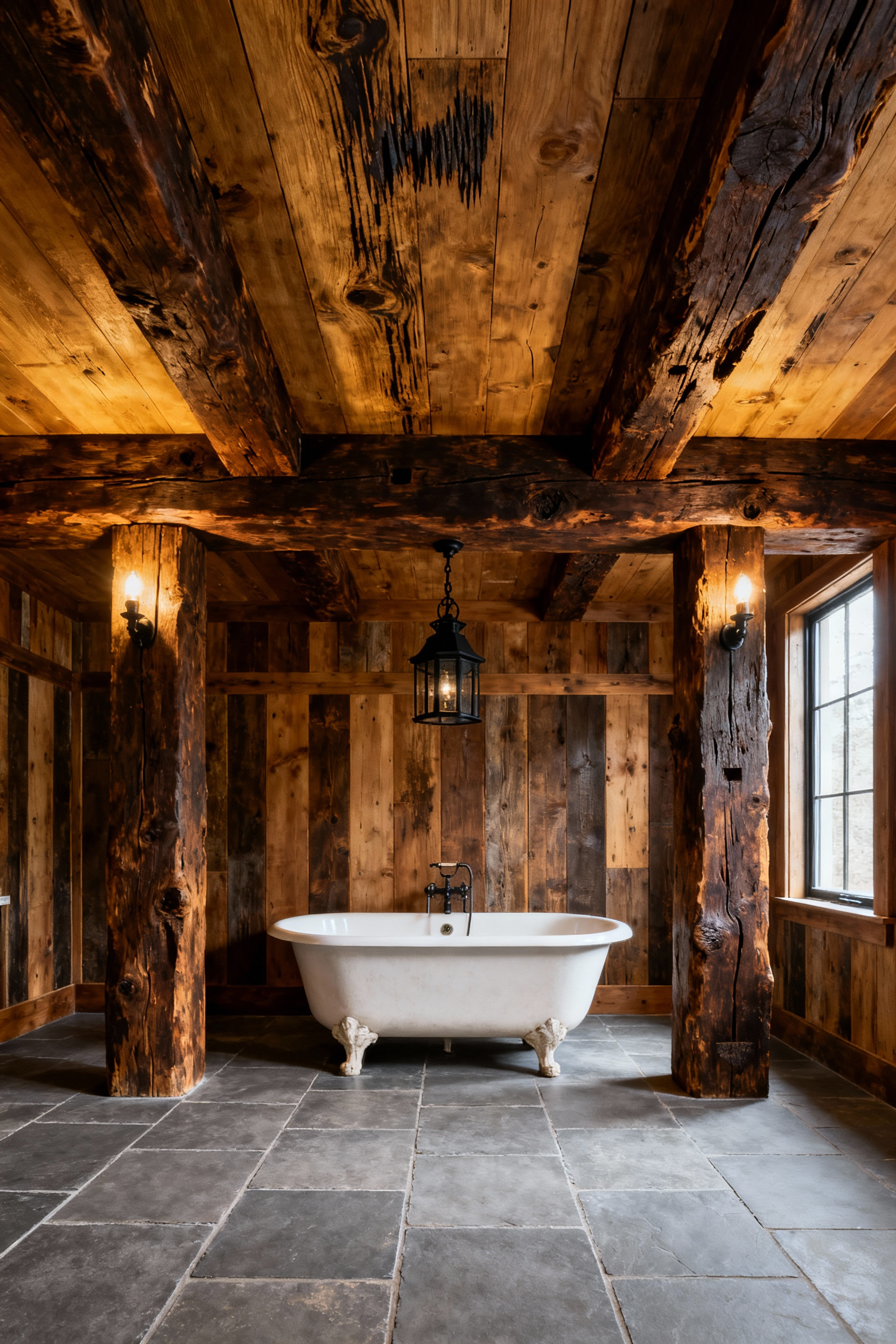 Rustic bathroom featuring exposed, hand-hewn oak ceiling beams displaying deep broad axe marks over a white clawfoot tub.