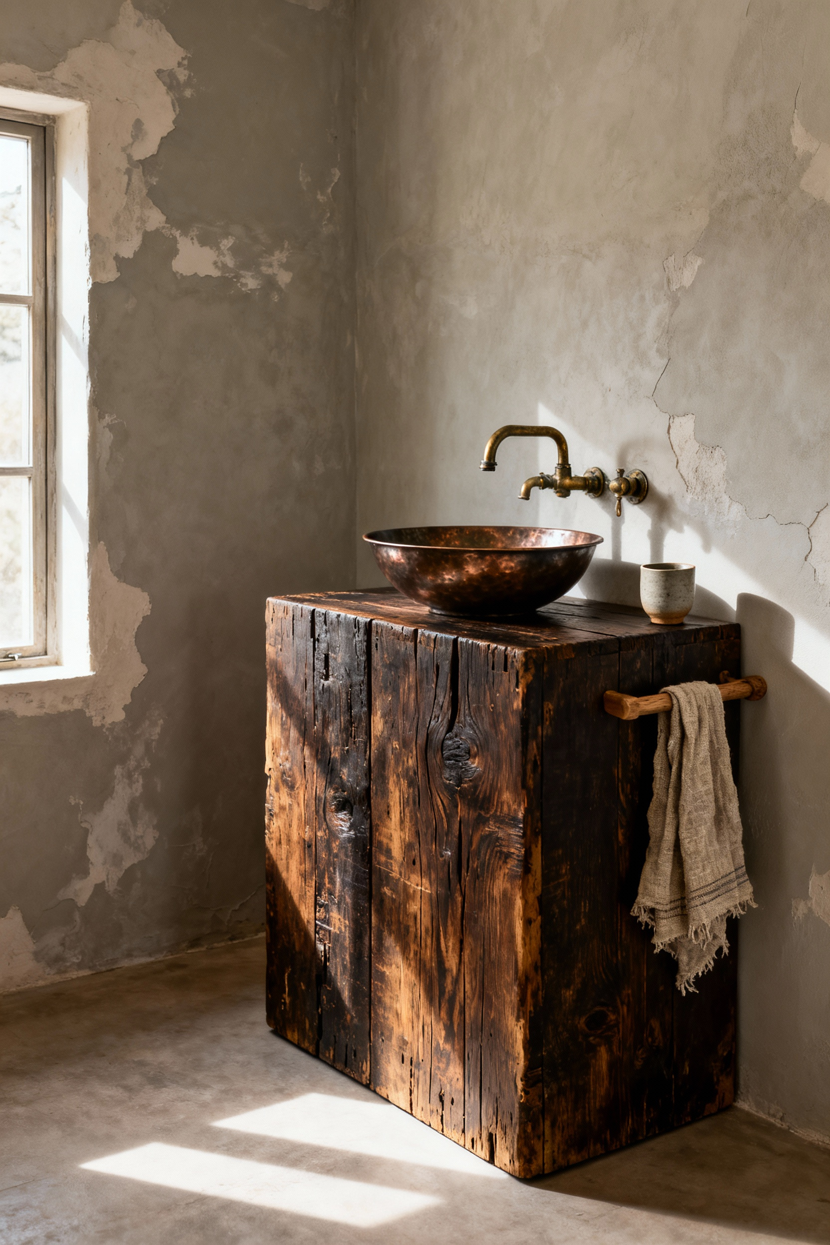 Rustic wabi-sabi bathroom featuring a heavily patinated reclaimed wood vanity and hammered copper sink, emphasizing the beauty of imperfect and authentic design.