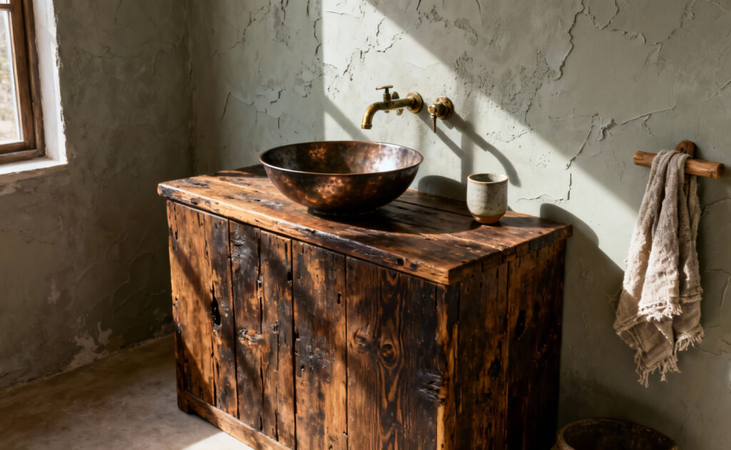 Rustic wabi-sabi bathroom featuring a heavily patinated reclaimed wood vanity and hammered copper sink, emphasizing the beauty of imperfect and authentic design.