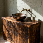Rustic wabi-sabi bathroom featuring a heavily patinated reclaimed wood vanity and hammered copper sink, emphasizing the beauty of imperfect and authentic design.