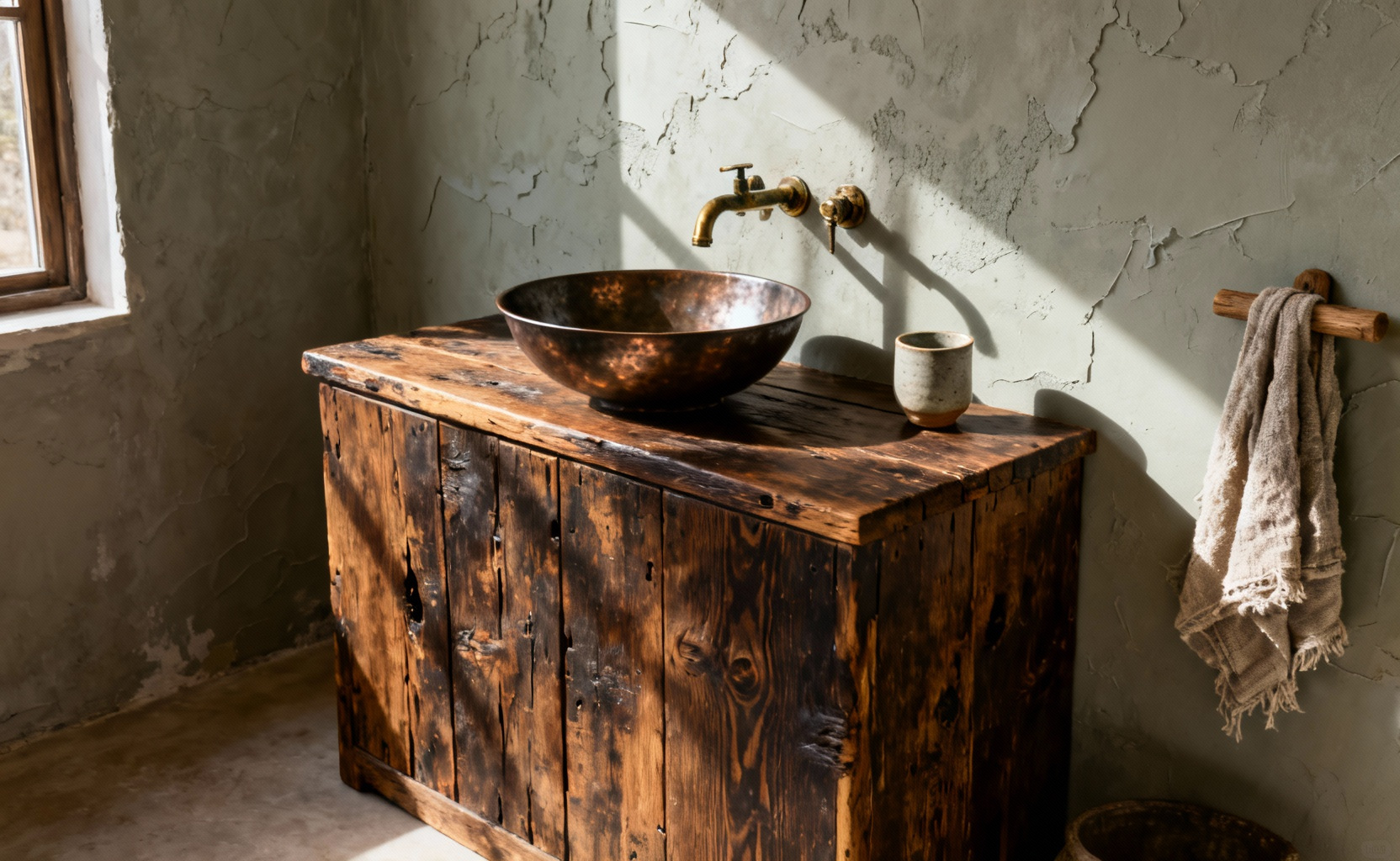 Rustic wabi-sabi bathroom featuring a heavily patinated reclaimed wood vanity and hammered copper sink, emphasizing the beauty of imperfect and authentic design.