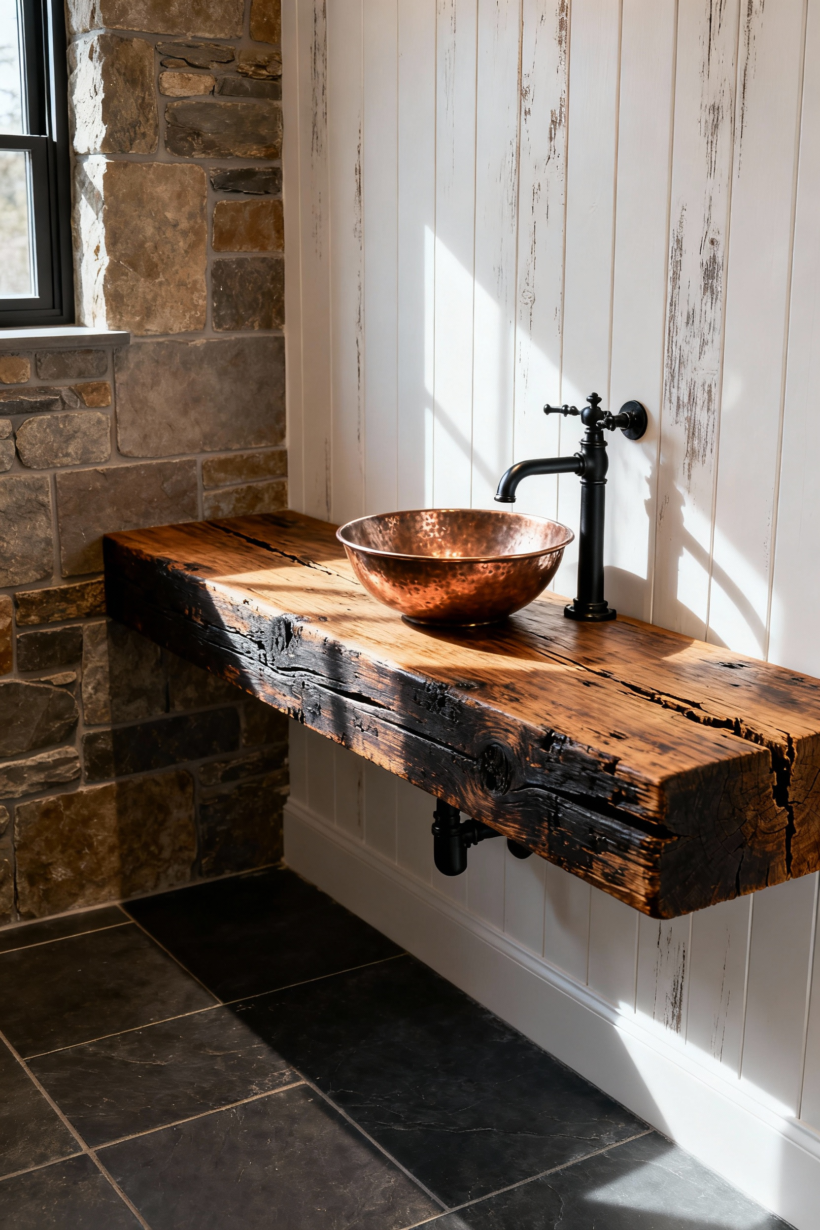 Rustic bathroom featuring a vanity made from a massive, dark reclaimed barn wood beam, paired with a hammered copper vessel sink and black iron fixtures, illustrating salvage-first design principles.
