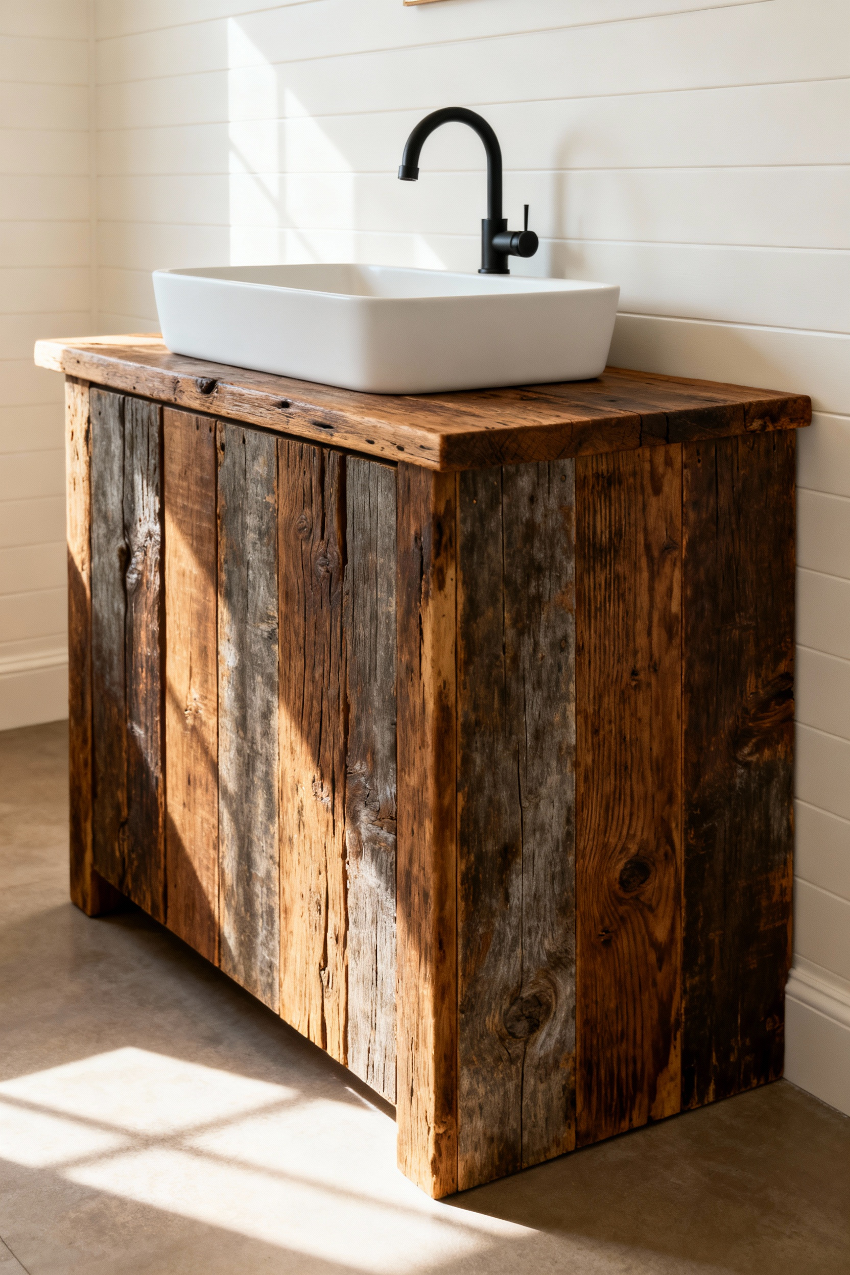 A rustic bathroom remodel featuring a substantial vanity constructed from genuine reclaimed oak, showcasing tight grain, against a backdrop of natural stone and matte black fixtures.