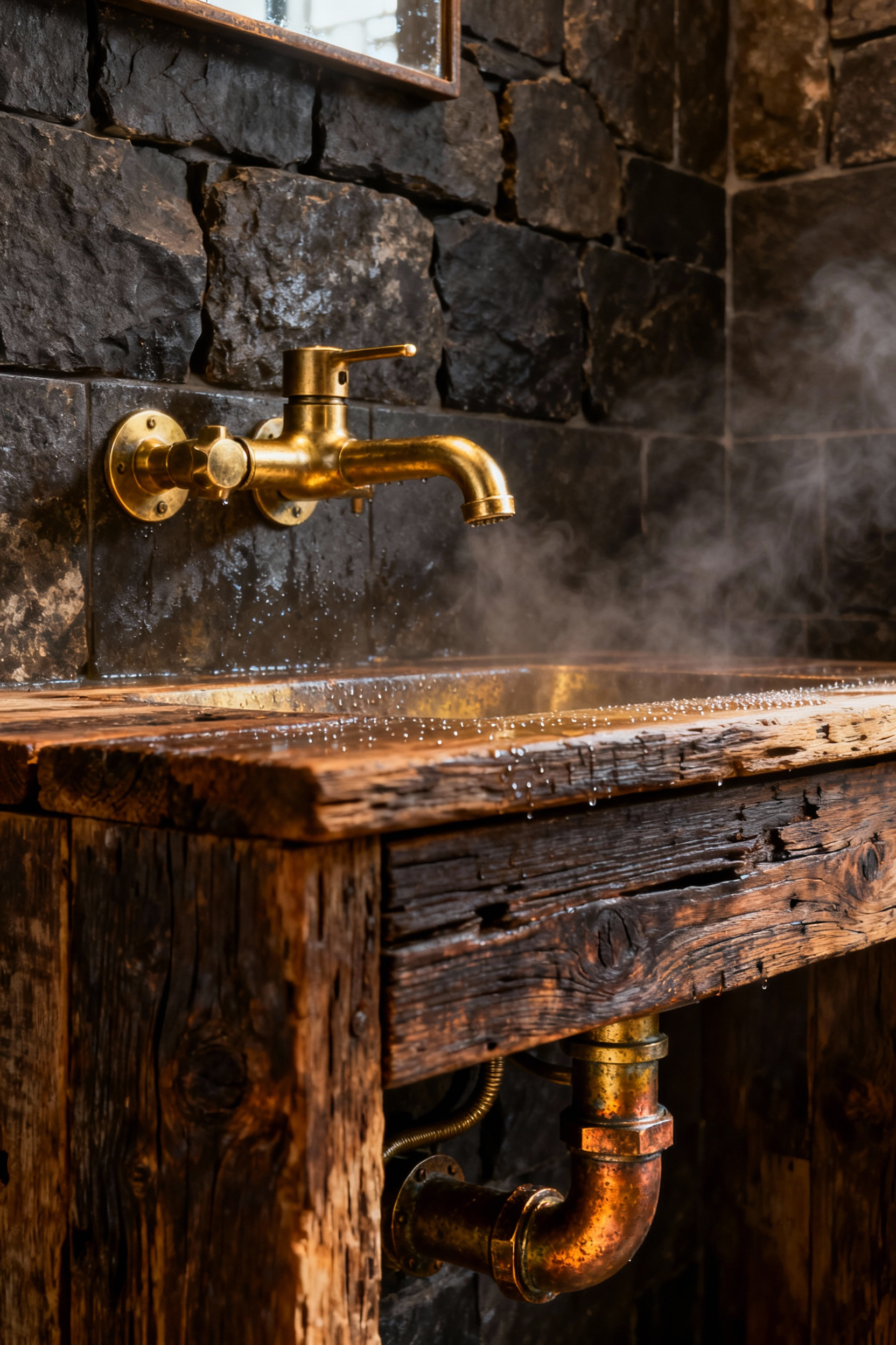 Rustic bathroom vanity featuring a wall-mounted, unlacquered brass faucet covered in a deep amber and bronze patina, highlighting the authentic living finish aesthetic.