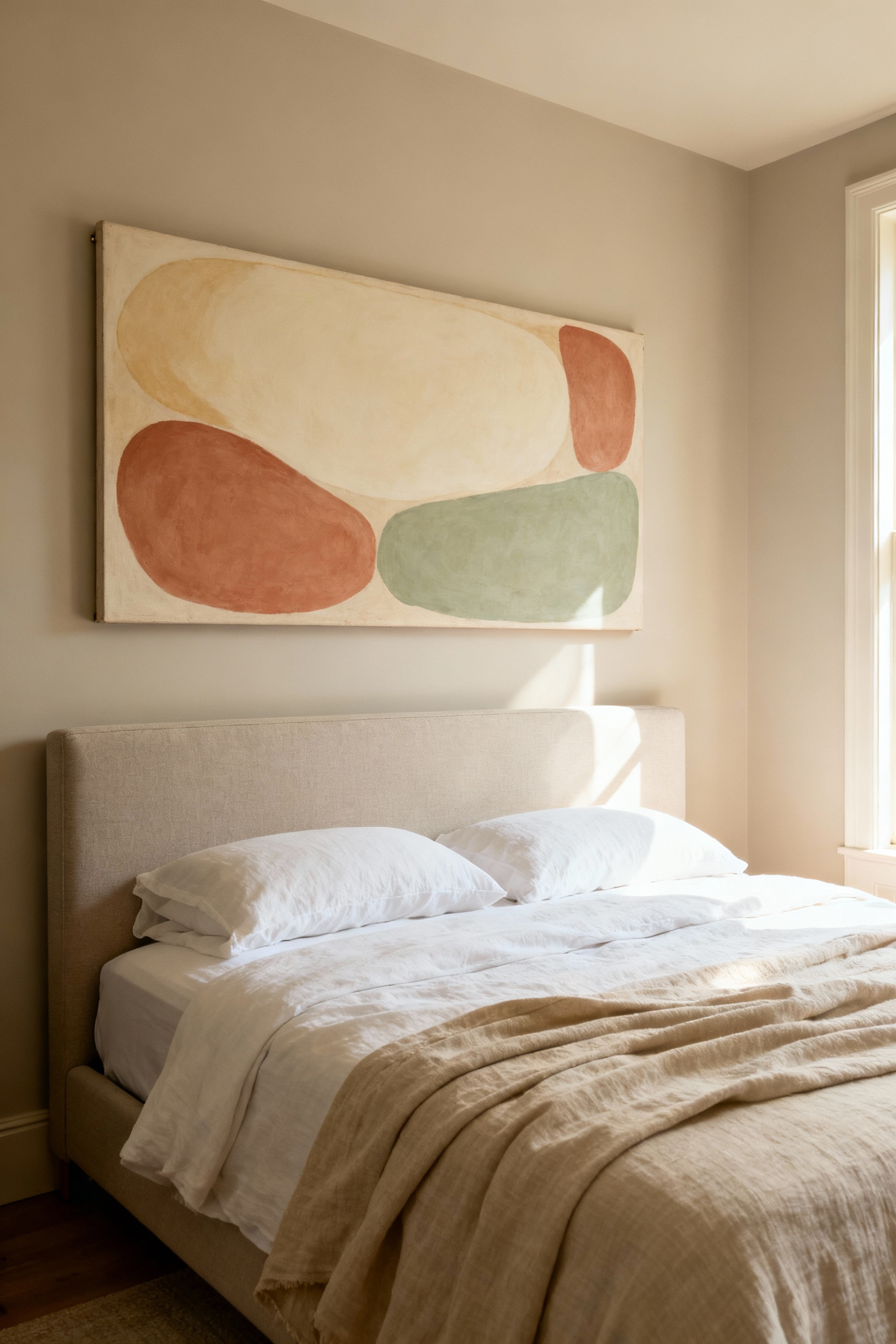 A sophisticated bedroom interior showing a large abstract canvas securely mounted above a centered queen bed in the Command Position, emphasizing safe, lightweight wall decor over the sleeping area.