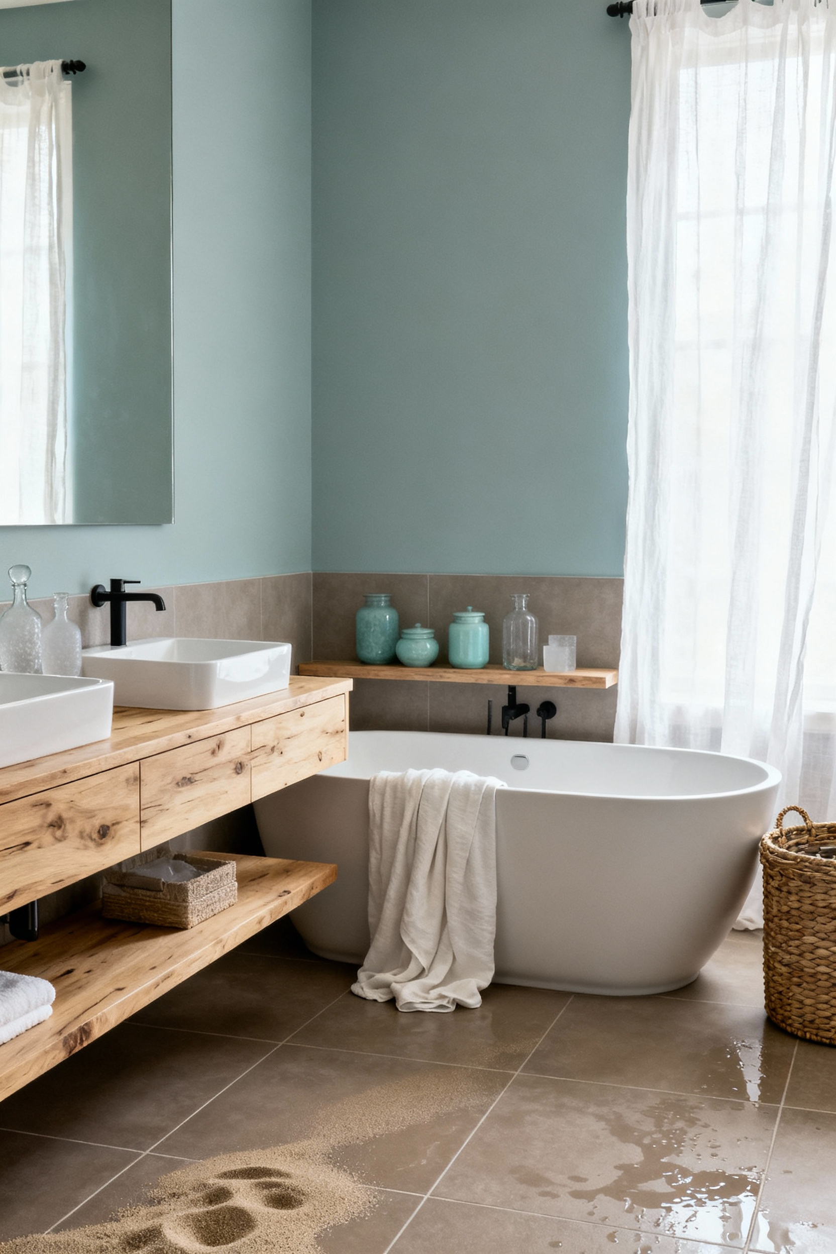 A calm coastal bathroom interior featuring walls painted a soft, greyed blue-green, matte taupe floor tiles, and a freestanding tub, illustrating the Sand and Sea Glass design palette.