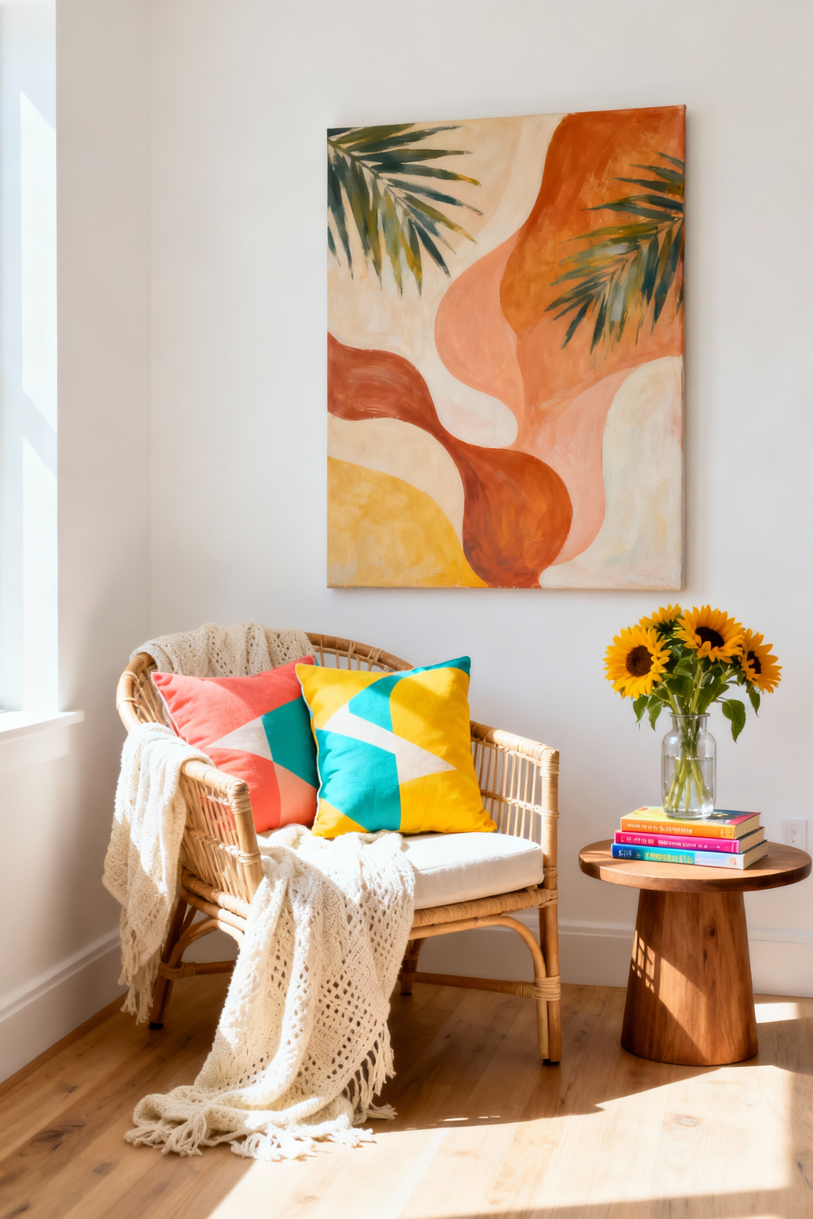 A bright, sunlit apartment corner featuring lightweight linen textiles, vibrant abstract art, and fresh flowers, illustrating a successful seasonal design shift for warmer weather.