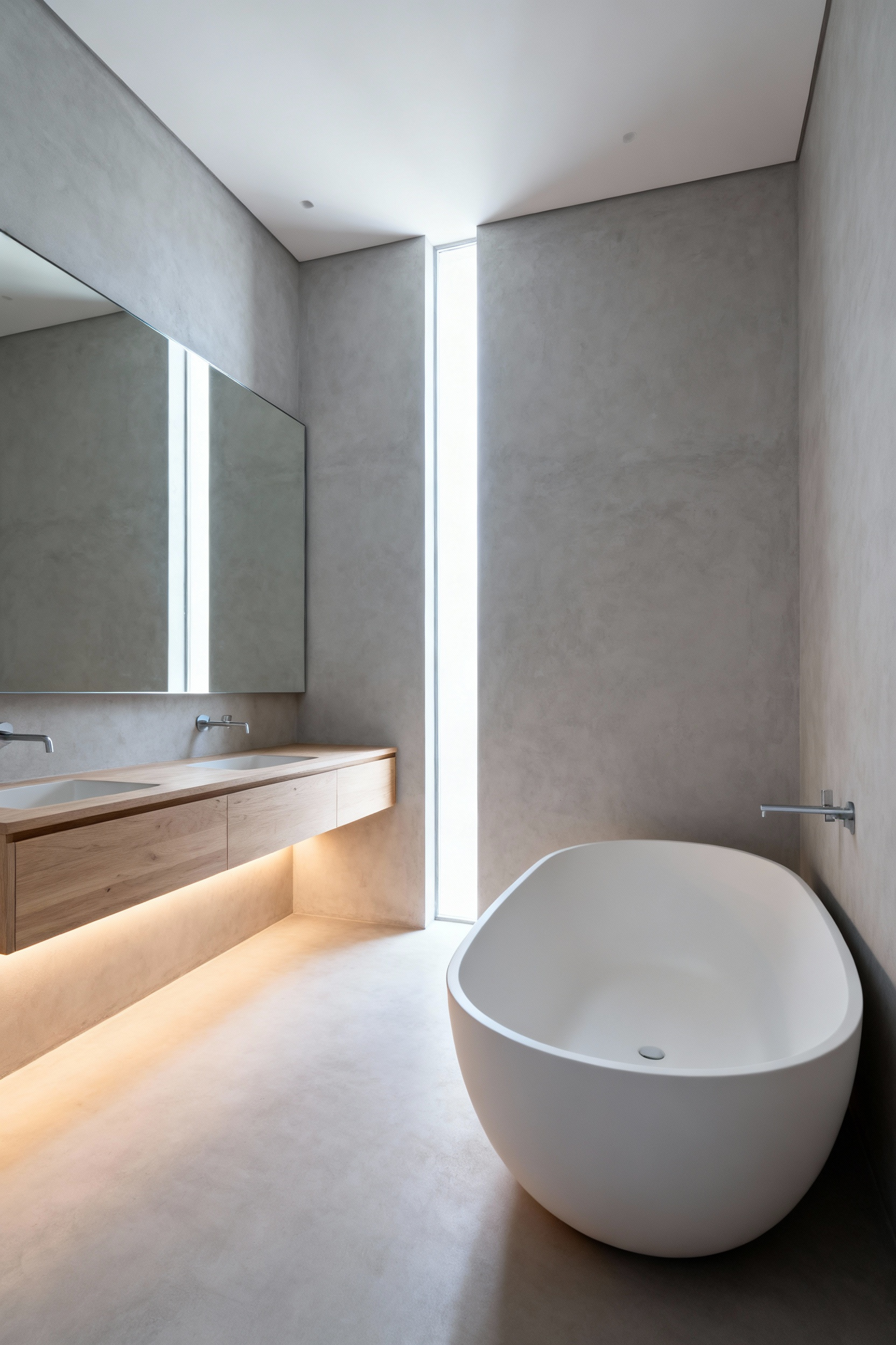 Ultra-minimalistic modern bathroom featuring seamless pale gray walls, a floating light wood vanity, and a matte white soaking tub, designed for sensory calibration and cognitive harmony.