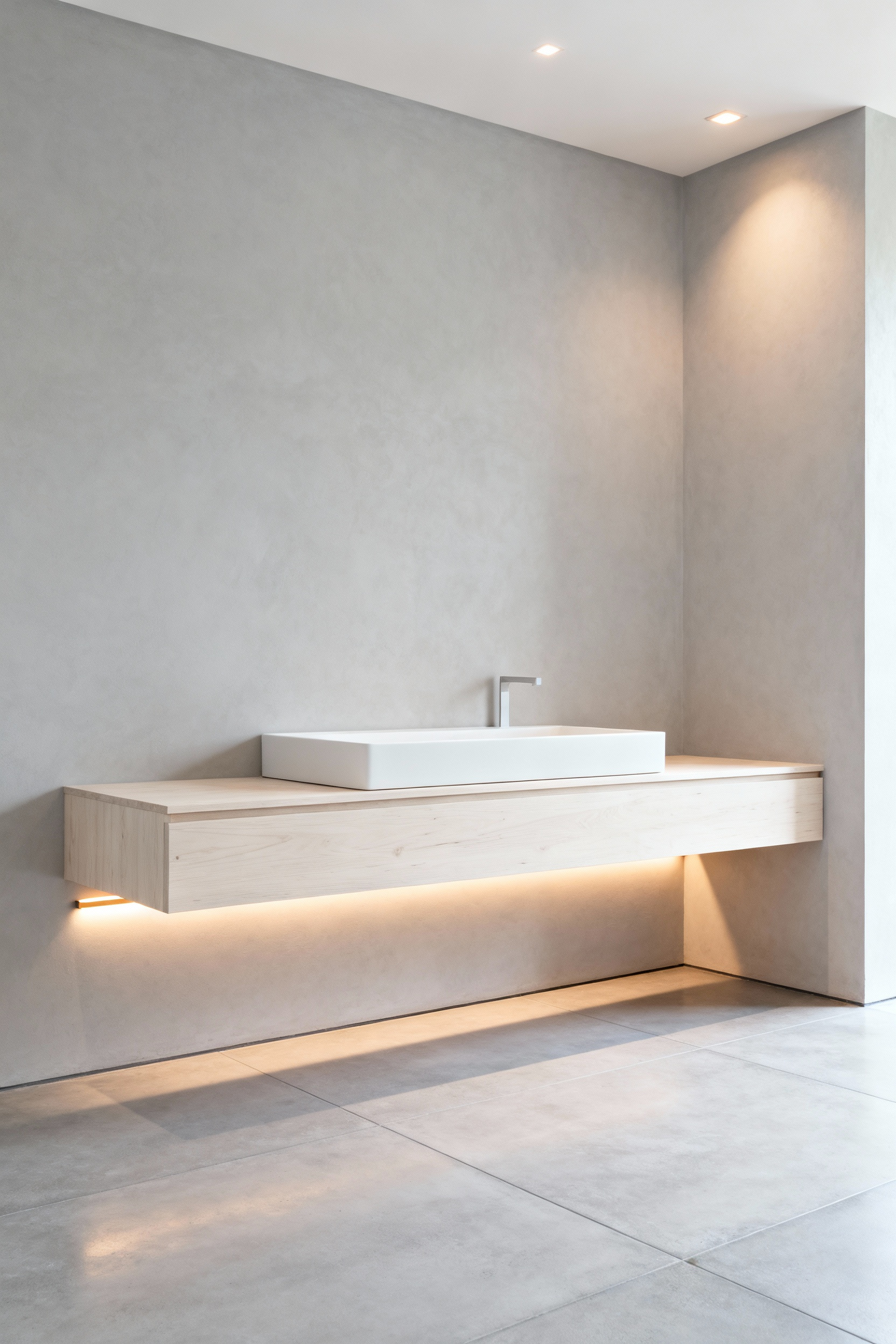 A view of a small, minimalist bathroom featuring a floating white oak vanity and completely clear floor space, illustrating the visual calm achieved by utilizing concealed waste management and maximizing negative space as part of modern bathroom accessories ideas.