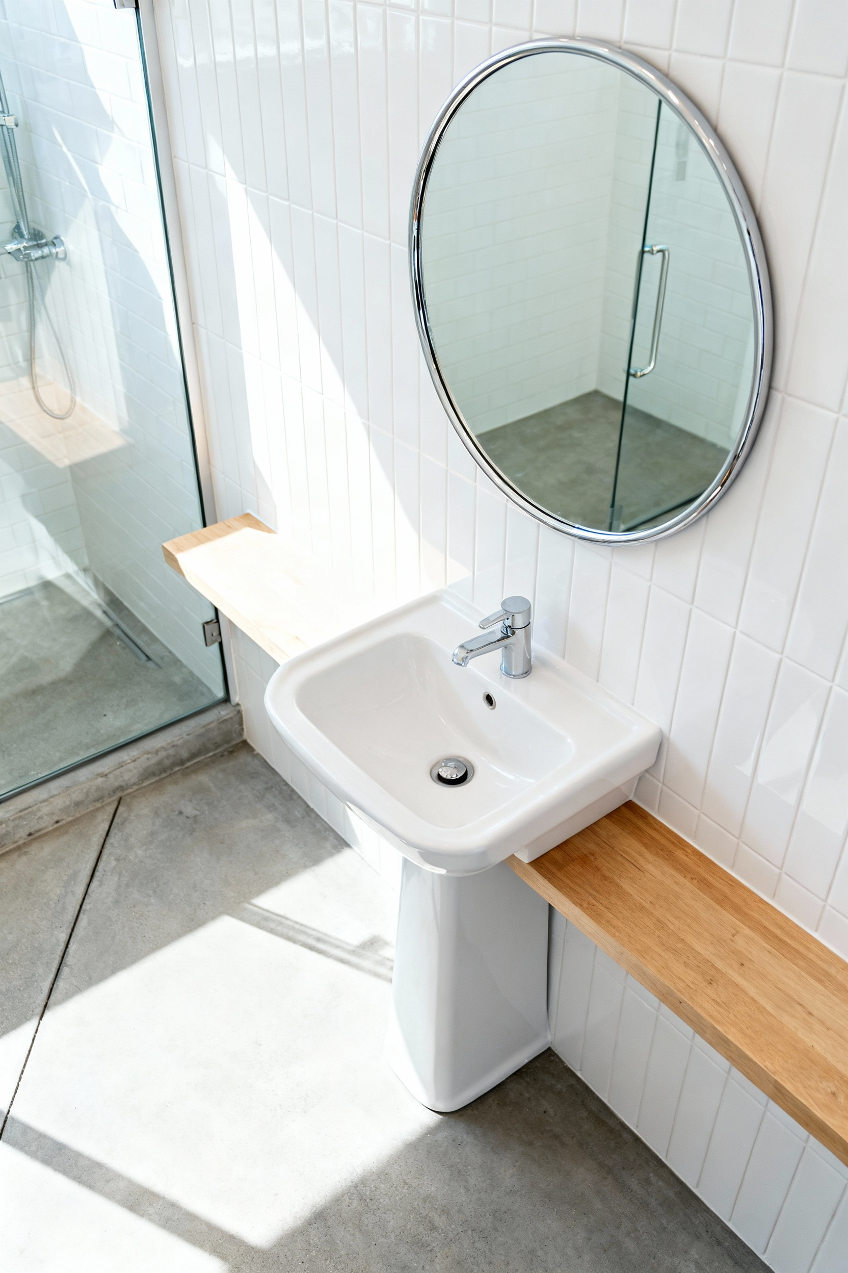 Small modern bathroom utilizing a corner pedestal sink configuration to maximize diagonal traffic flow and minimize obstruction in tight quarters.