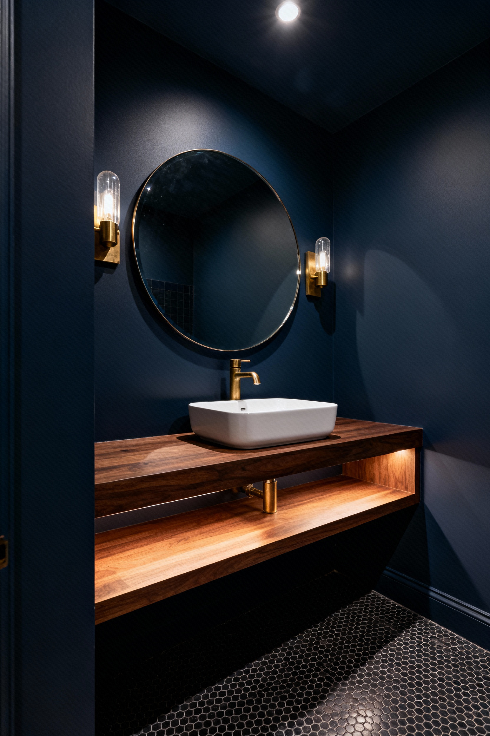 A small, sophisticated bathroom designed using deep matte charcoal blue paint on walls and ceiling to create an illusion of greater space and luxury, featuring a floating walnut vanity and brushed brass fixtures.