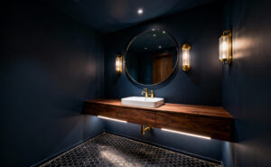 A small, sophisticated bathroom designed using deep matte charcoal blue paint on walls and ceiling to create an illusion of greater space and luxury, featuring a floating walnut vanity and brushed brass fixtures.
