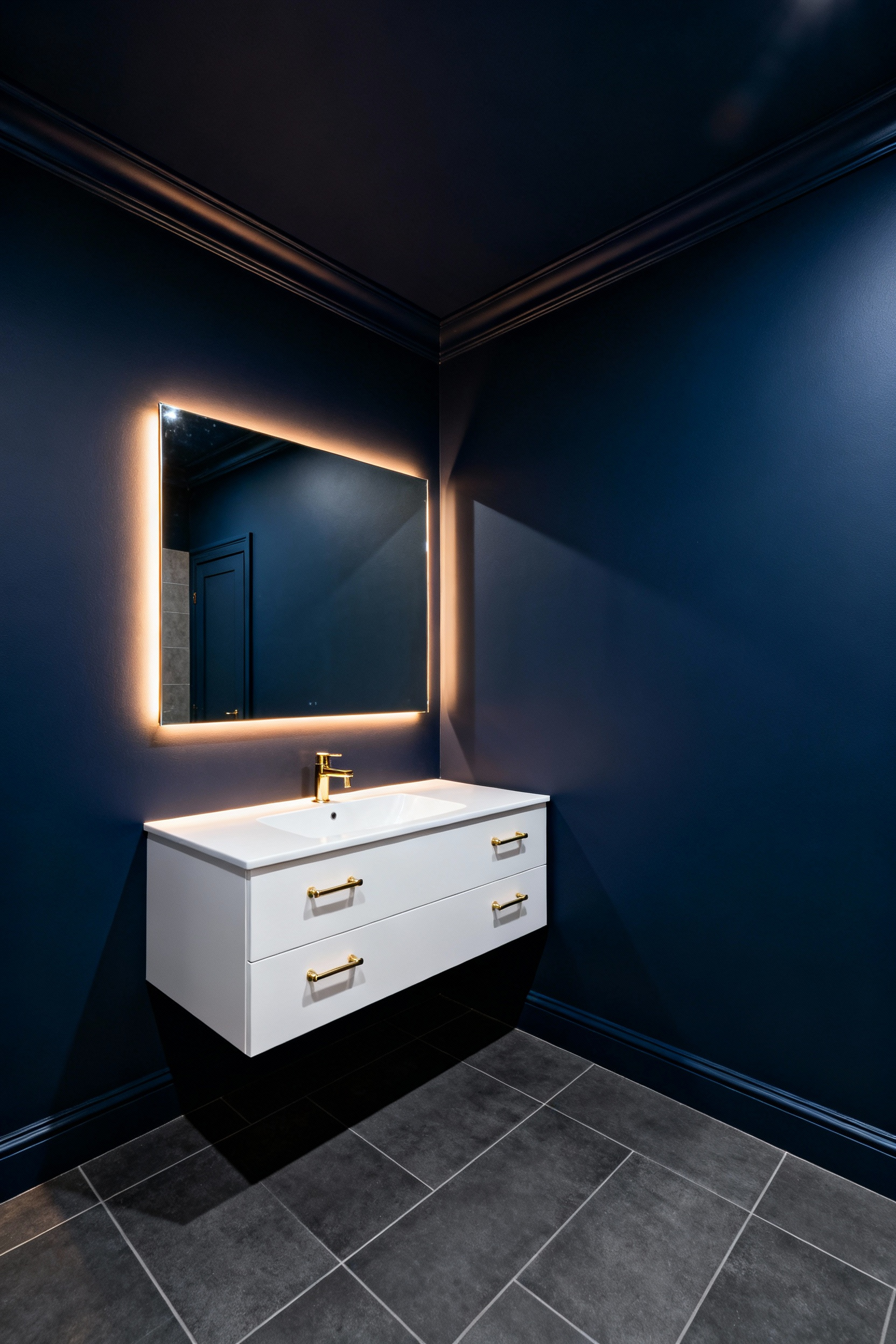 A photograph of a small, modern bathroom painted entirely in matte midnight navy blue, demonstrating how deep saturation blurs corners and expands the perceived space.