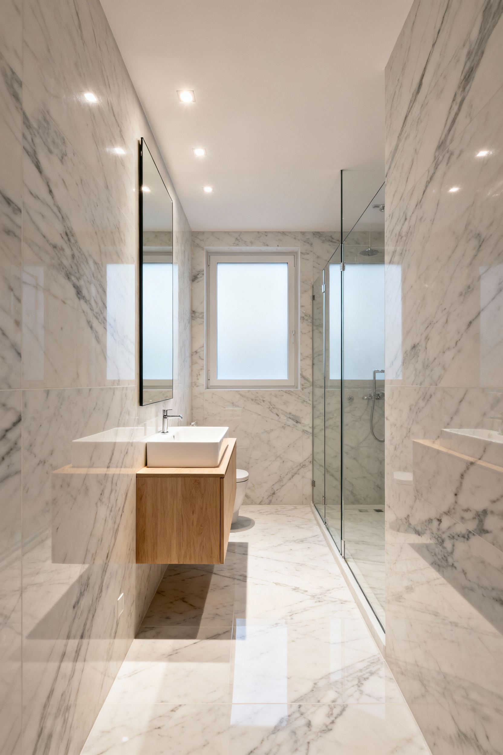 Small modern bathroom utilizing large format polished Calacatta marble-look slabs on the walls and floor to make the confined space appear larger and less cluttered.