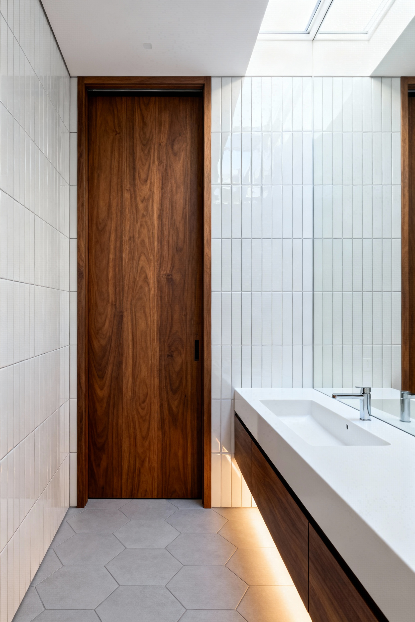 Small modern bathroom featuring a floating walnut vanity situated immediately next to a fully recessed pocket door, demonstrating efficient space planning.