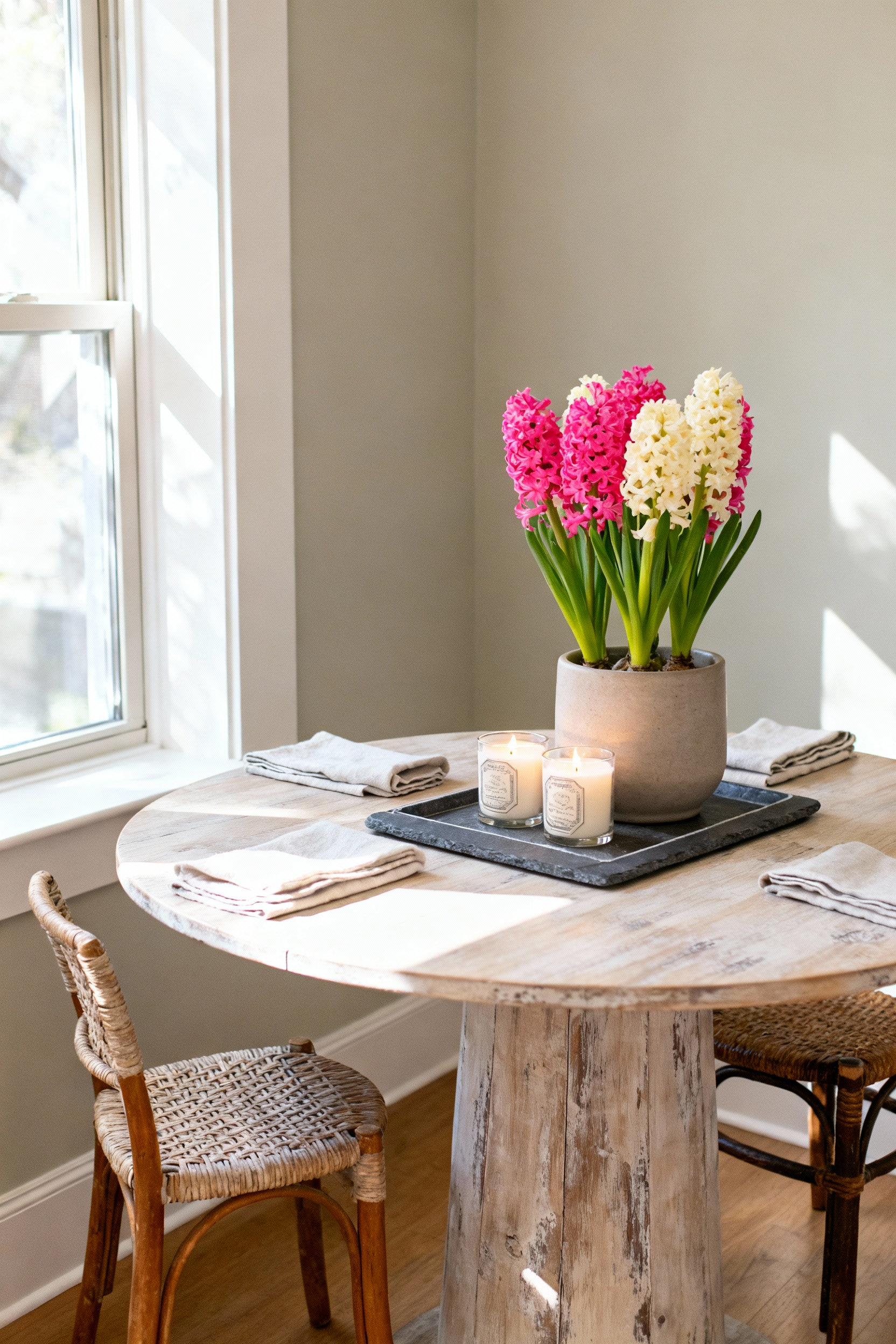 A compact dining room featuring a round wooden table and two woven chairs. The focal point is a small, vibrant seasonal centerpiece of pink and cream hyacinths used to refresh the static visual elements of the smaller space.