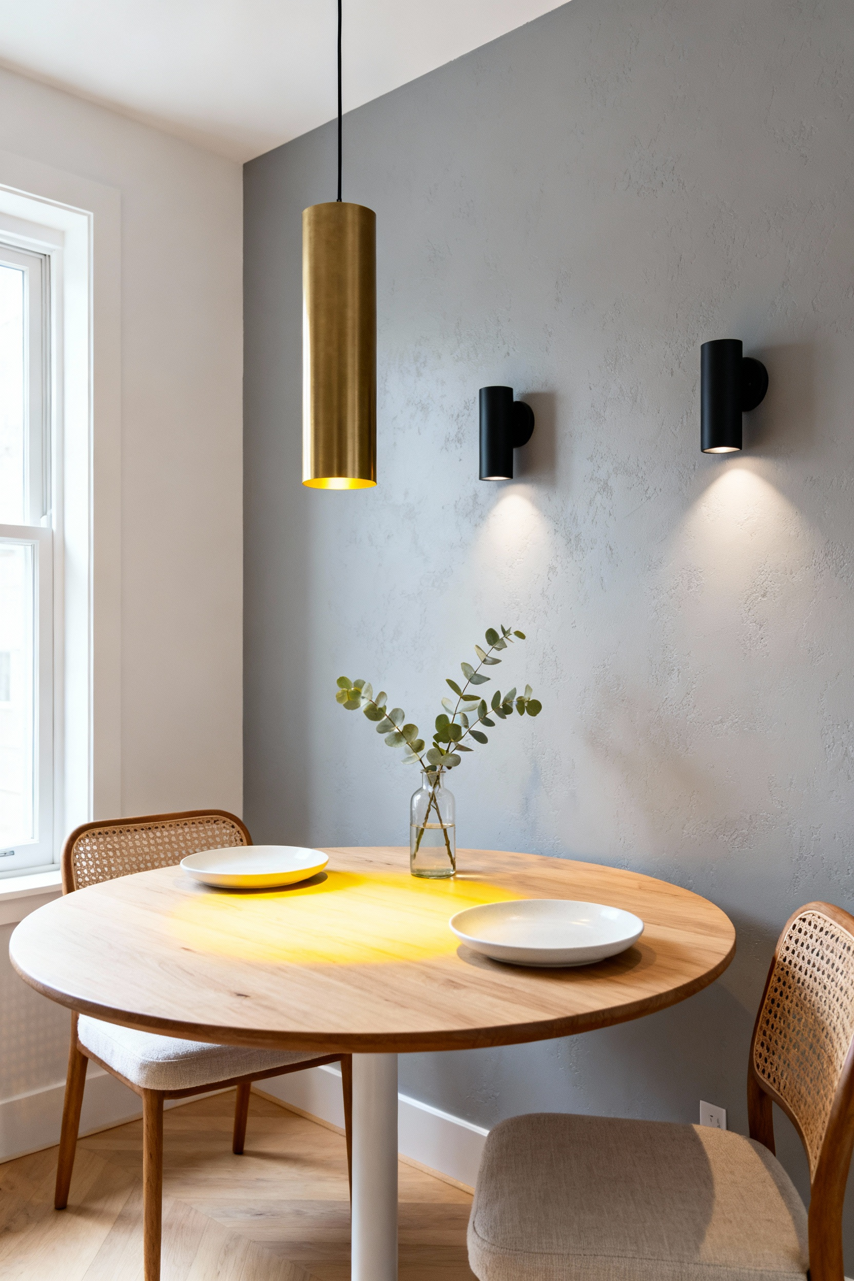 Minimalist small dining room featuring a clear tabletop, demonstrating space maximization achieved by using hardwired lighting fixtures including a sleek brass ceiling pendant and two elegant wall sconces.