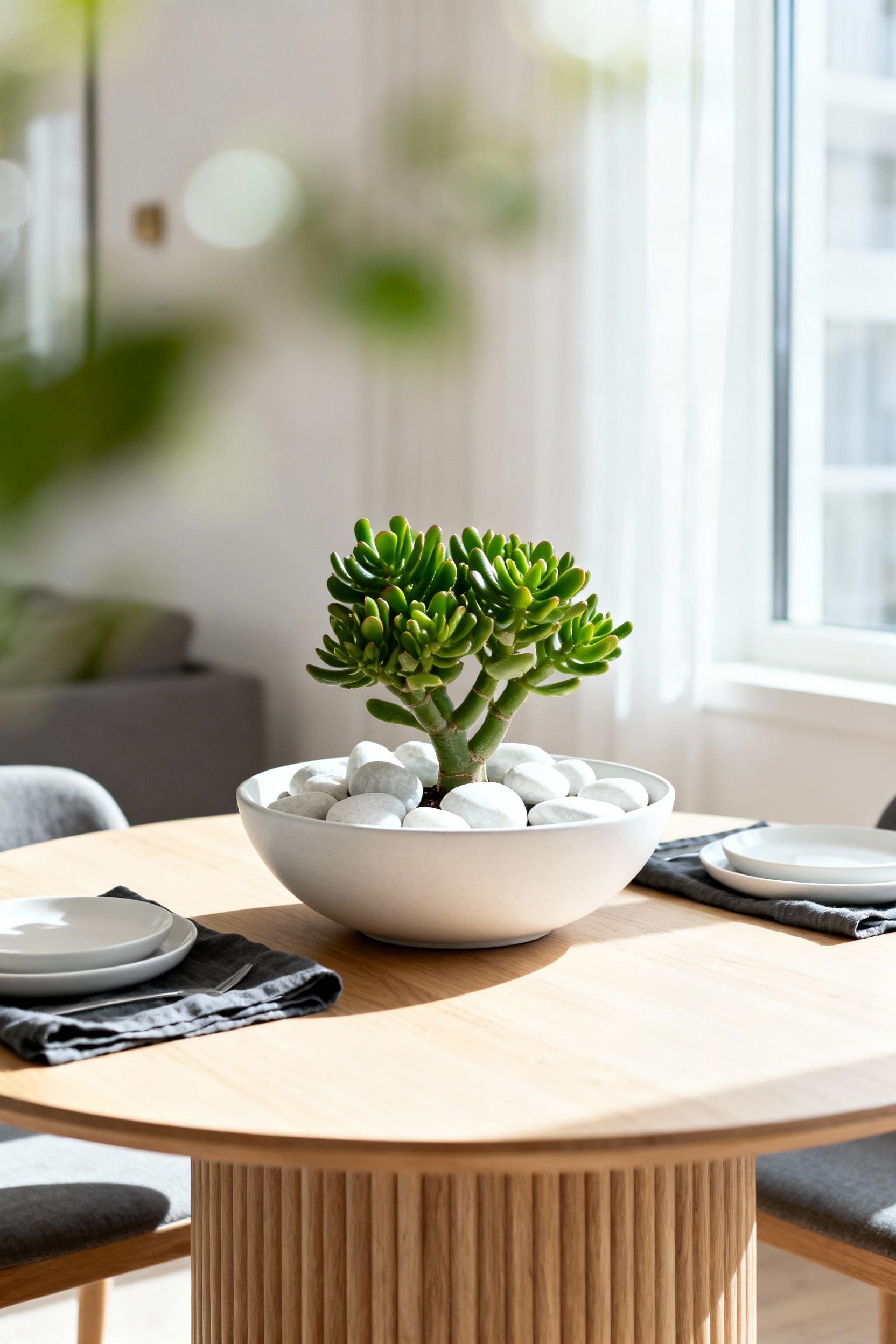 Low, proportionate succulent centerpiece in a white bowl on a small round wooden dining table, illustrating effective apartment decorating ideas for small spaces.