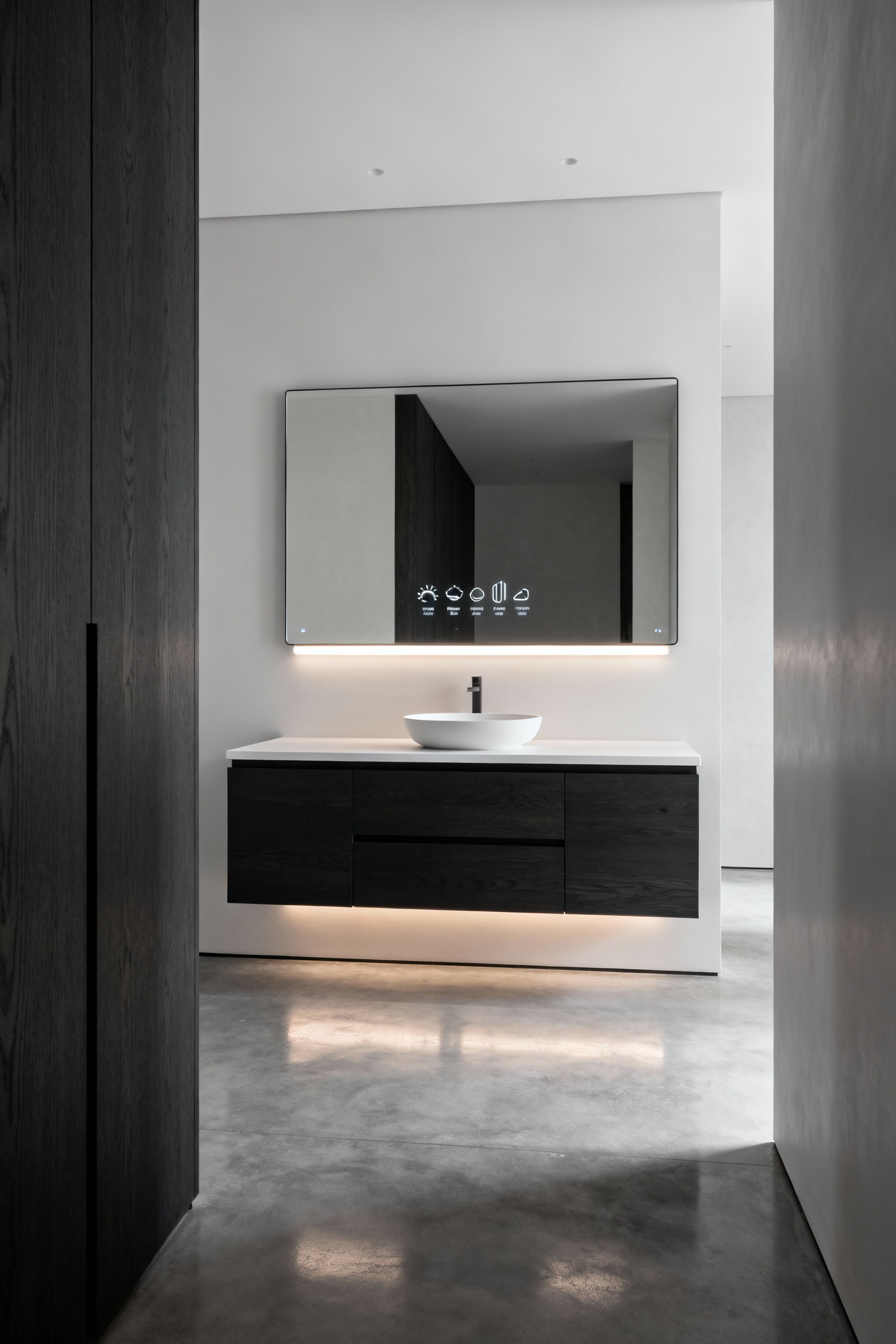 A sleek modern bathroom featuring a large, frameless smart mirror with integrated tech features and tunable LED lighting.