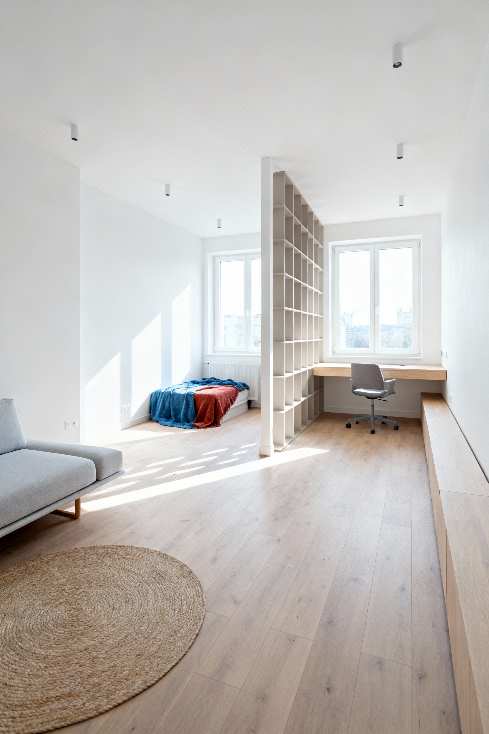 Wide view of an open-plan studio apartment layout showing a clear, central traffic path and distinct functional zones separated by a low, modular shelf.