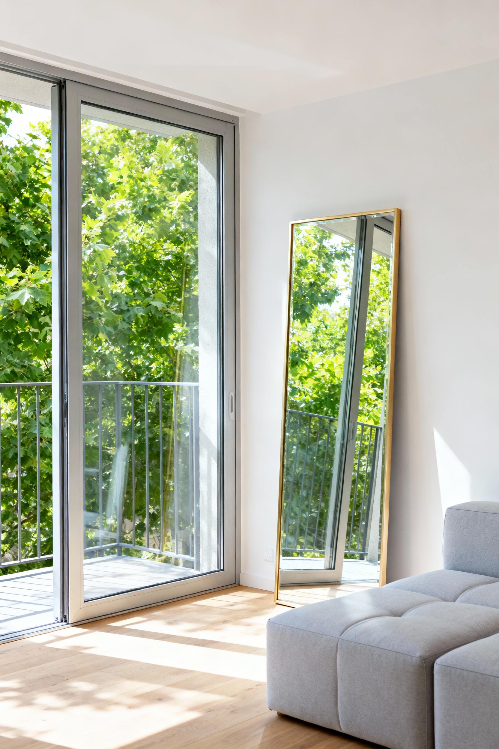 Oversized floor-to-ceiling mirror placed strategically across from a window in a bright apartment living room, reflecting natural light and outdoor view to maximize the room's visual space.