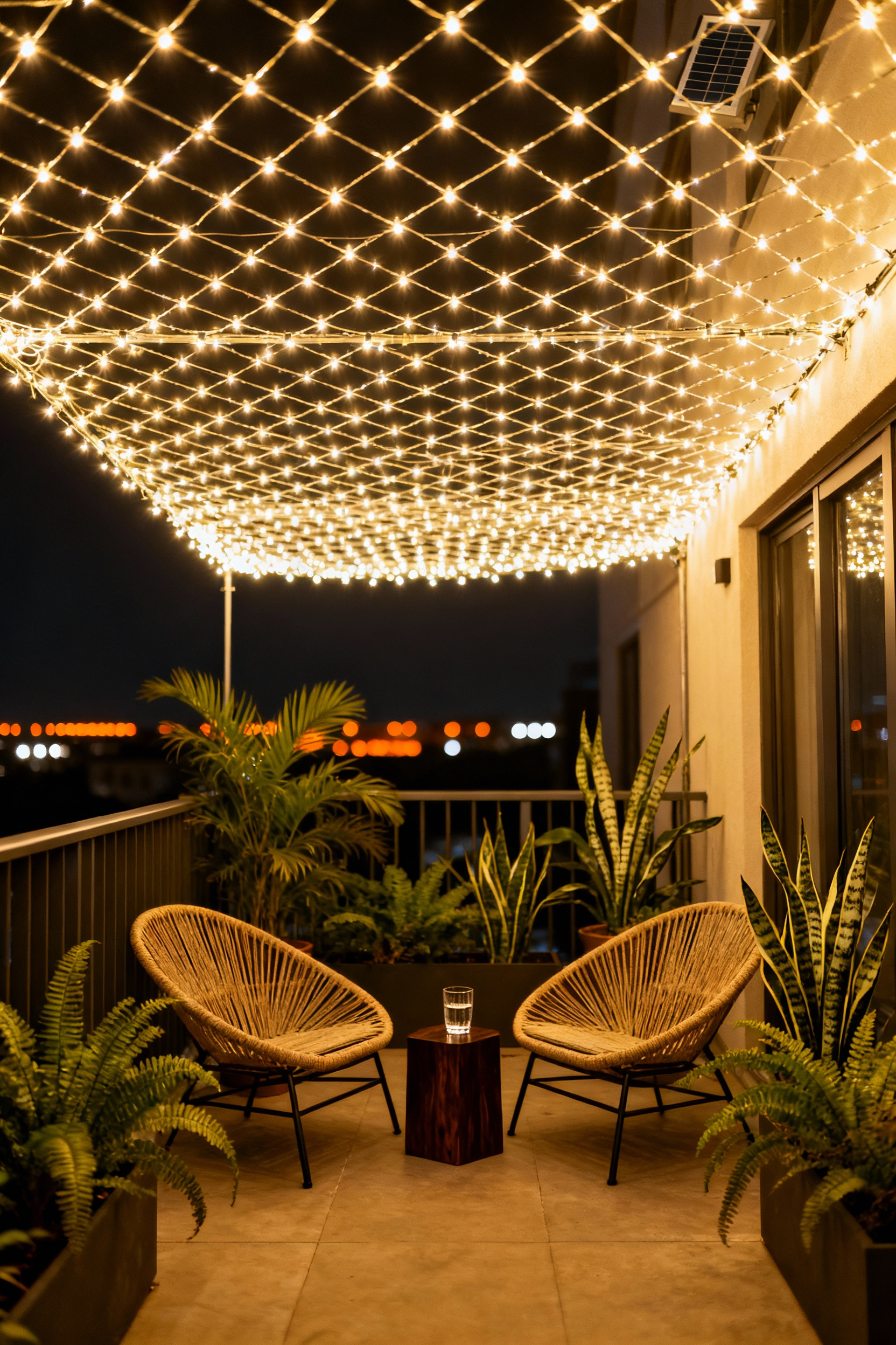 Highly detailed photograph of a small, urban balcony transformed into an intimate outdoor room by a dense overhead grid of warm solar string lights, defining a luminous ceiling above comfortable outdoor furniture.