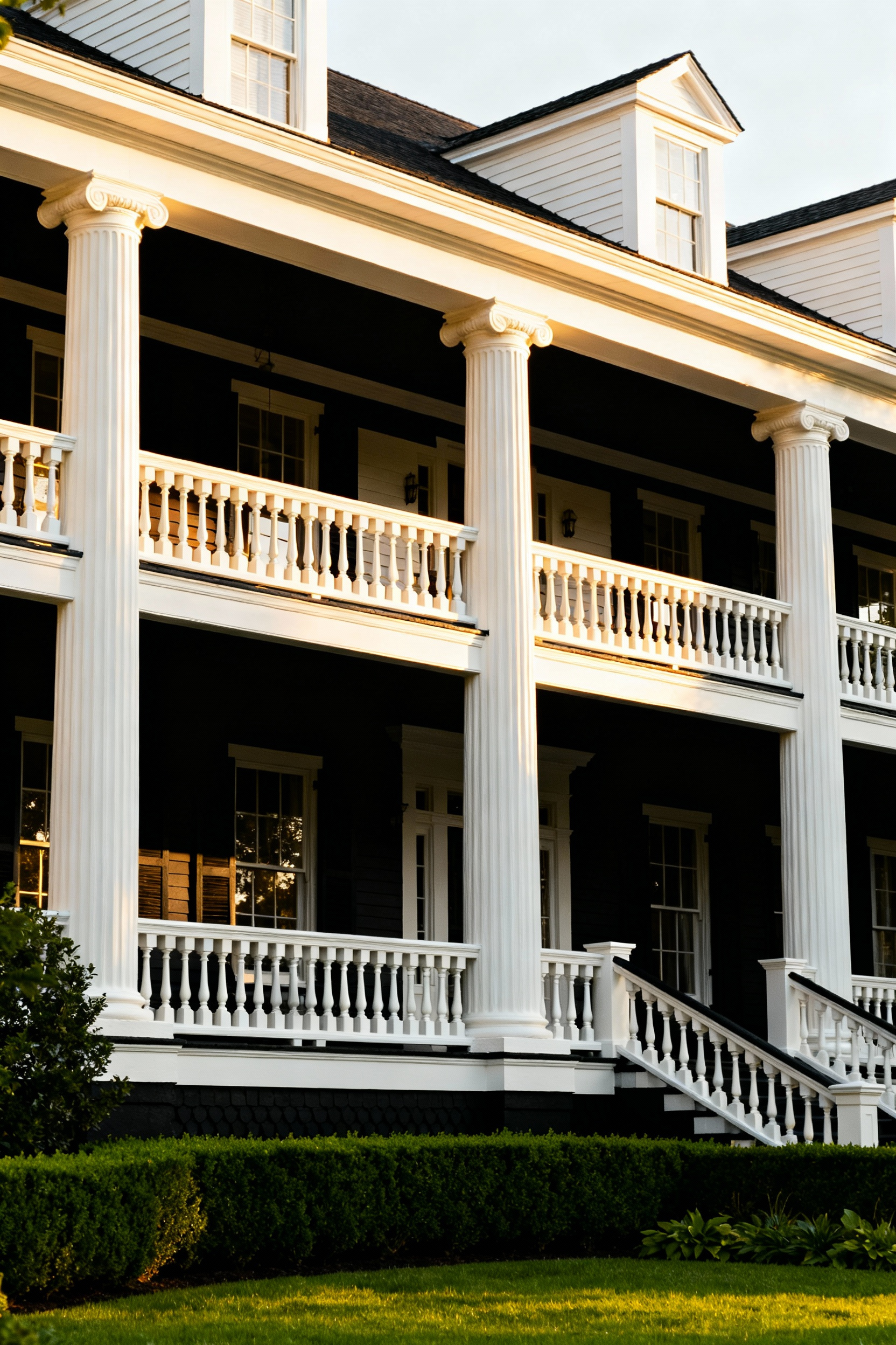 A traditional white house porch where columns and railings are painted matte black for high contrast framing, modernizing the facade.