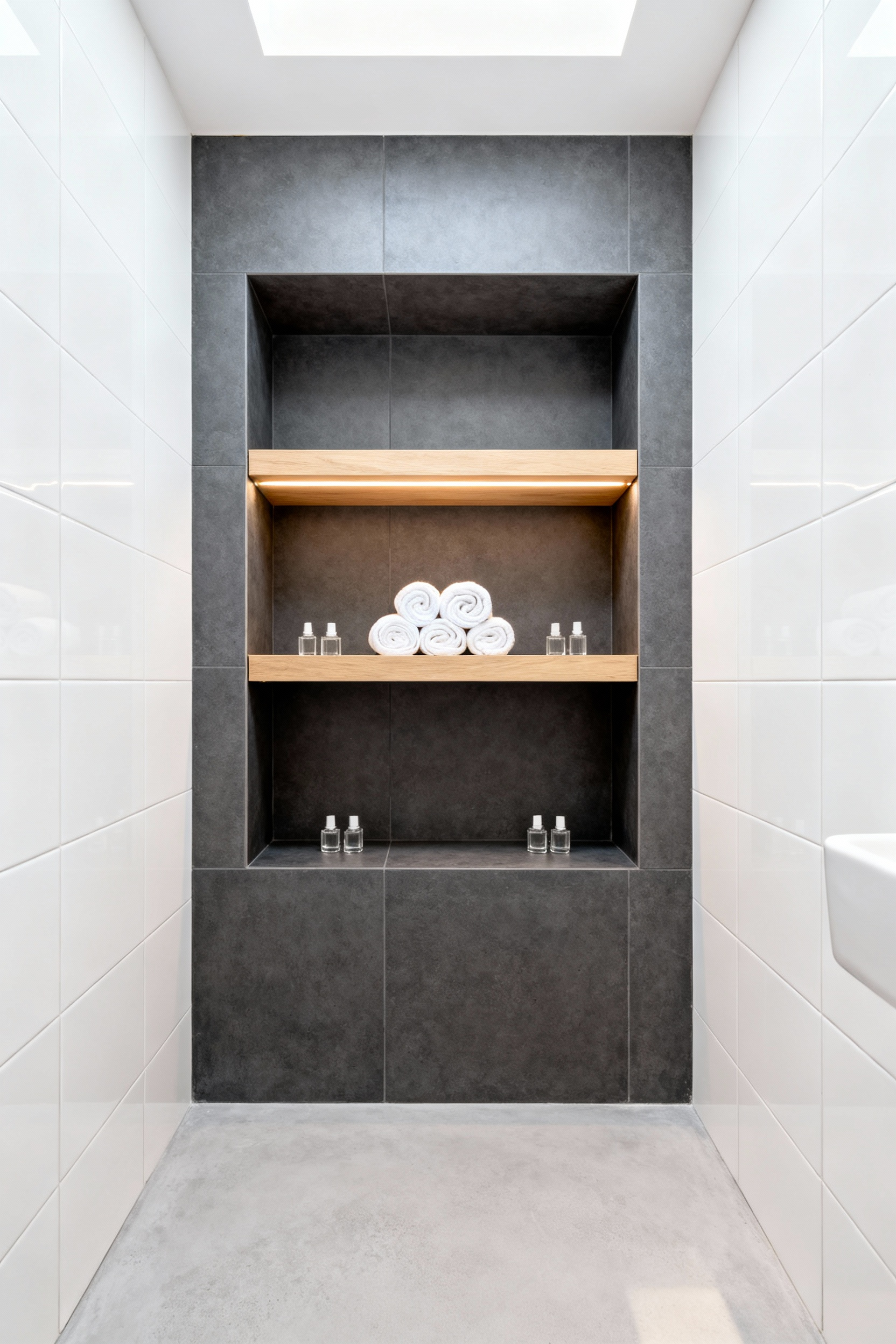 A bright, professionally photographed small bathroom showing a structural recess niche built into the wall cavity between studs. The niche holds rolled towels and toiletries on light wood shelving, illustrating space-saving storage solutions.