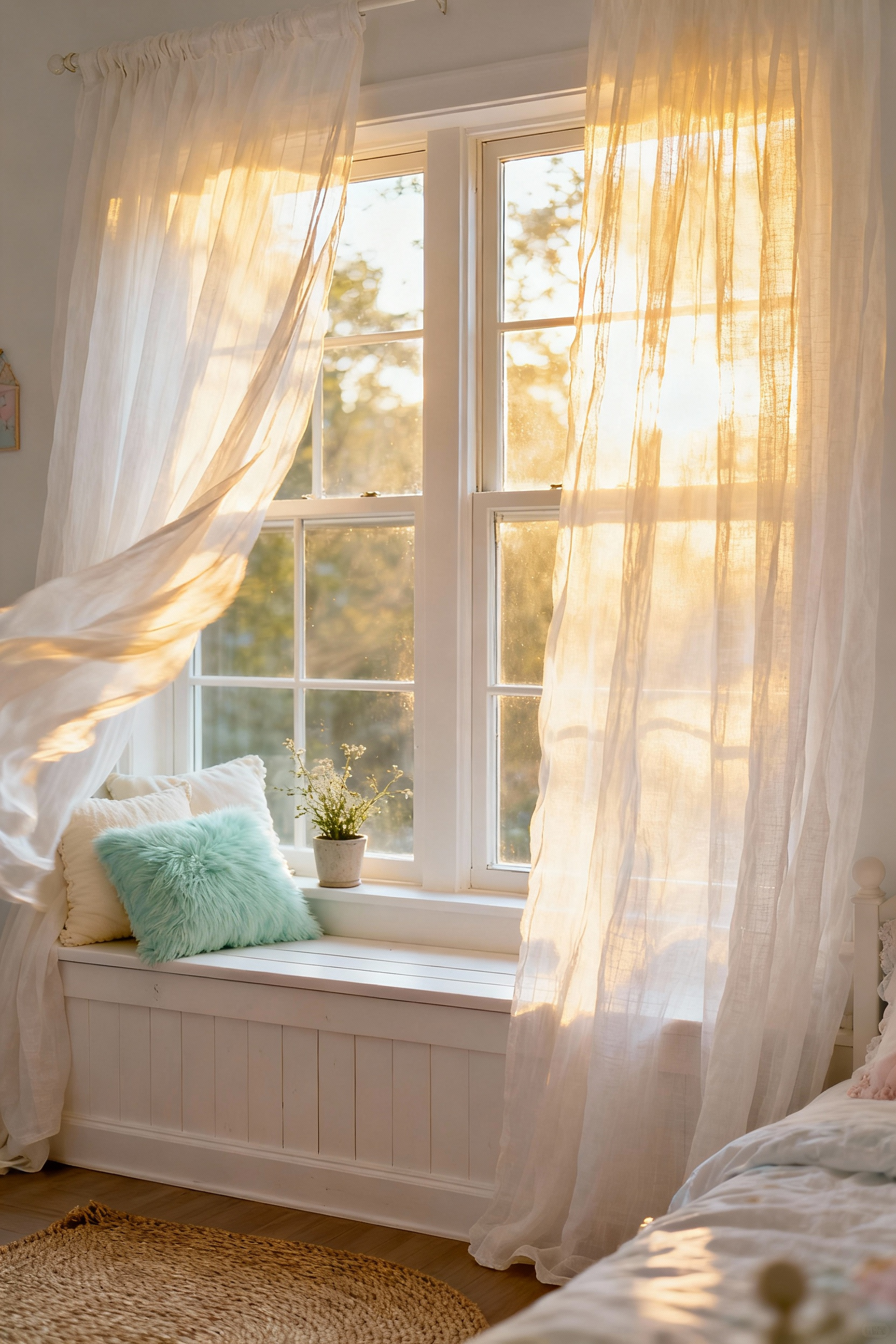 A high-key photograph of a girl's bedroom featuring sheer ivory linen curtains moving gently in the summer breeze, diffusing soft morning light onto a white window seat.