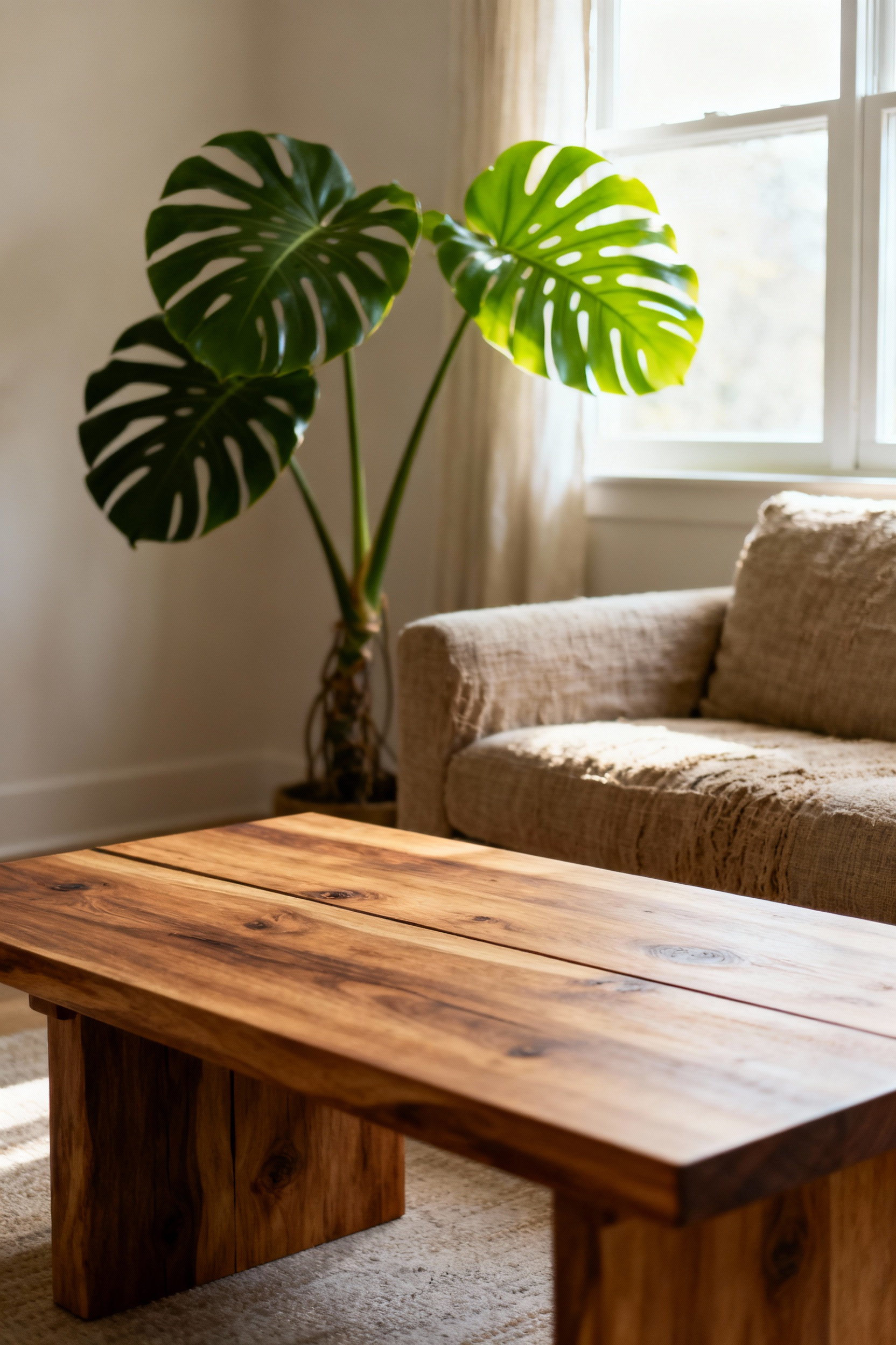 A calm living room with sustainable solid wood furniture and an organic fabric sofa, representing a healthy and eco-conscious home through thoughtful furniture lifecycle evaluation.