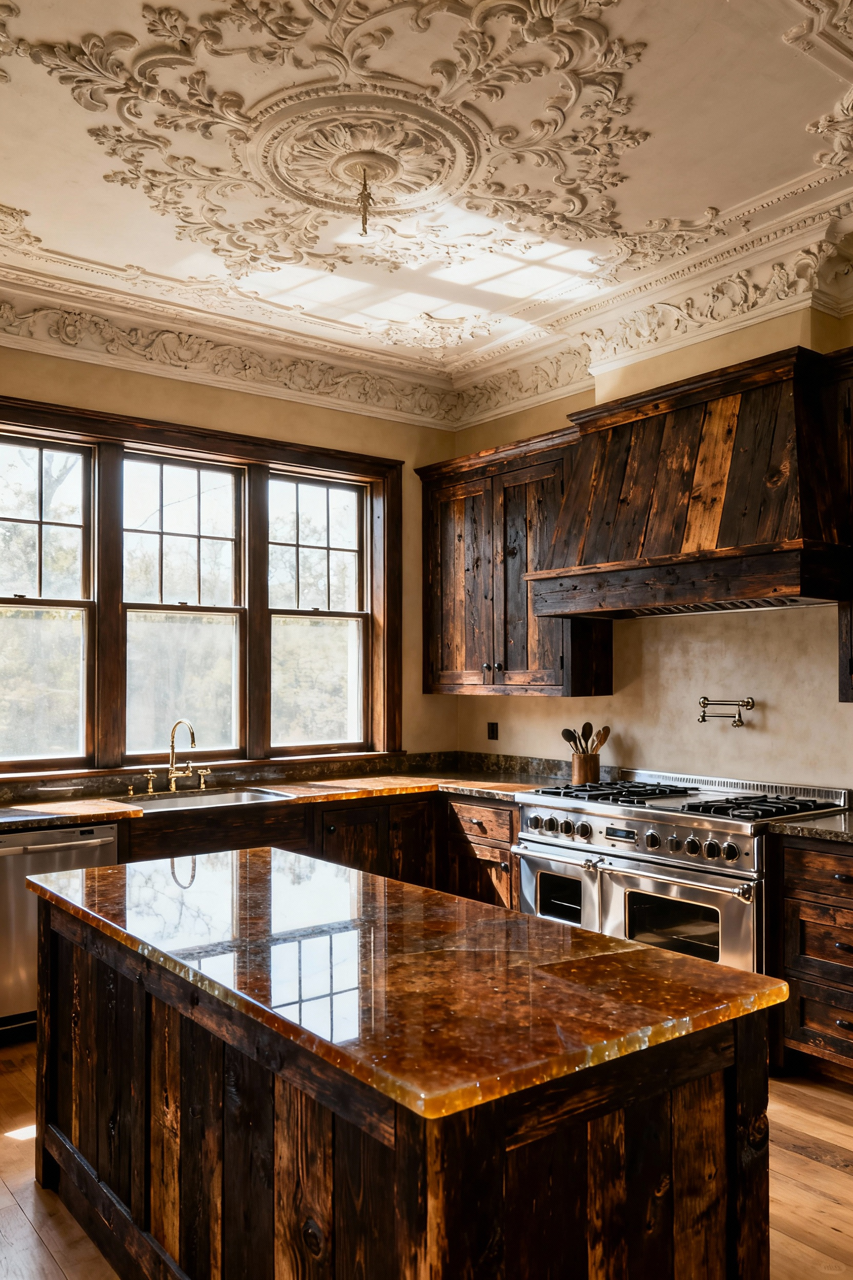 Historic kitchen with reclaimed wood cabinets and upgraded period-style windows, showcasing sustainable preservation for long-term value and reduced environmental impact.