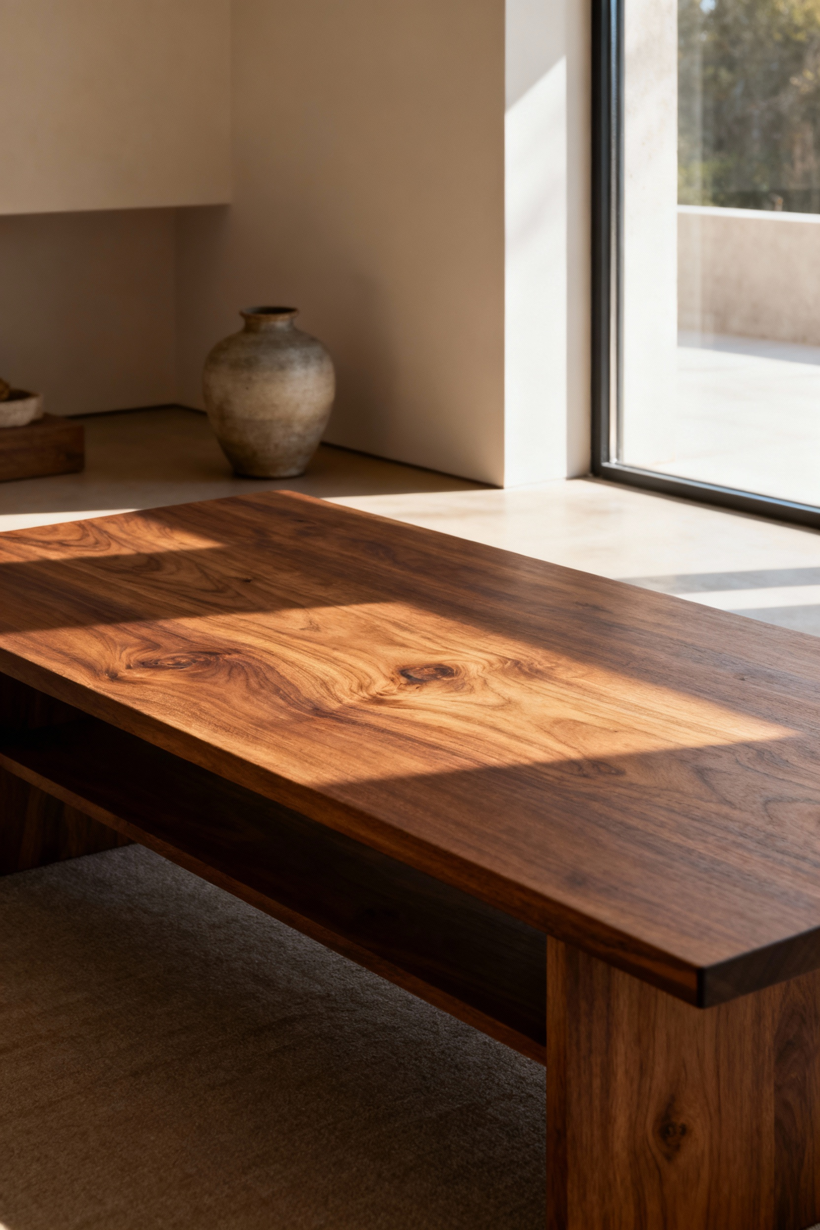 Modern living room with a solid wood coffee table finished with natural oil, highlighting sustainable wood finishes and a non-toxic aesthetic.