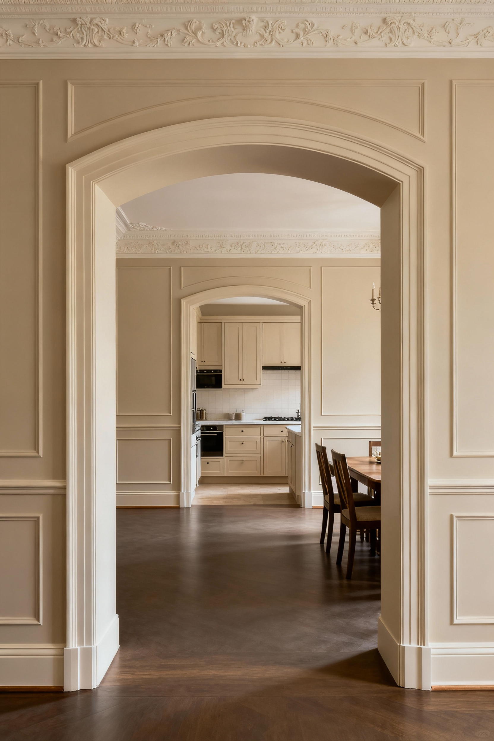 A meticulously designed kitchen opening into a historic dining room through a graceful, cased archway, showcasing harmonious Symbiotic Design principles and preserved heritage details.