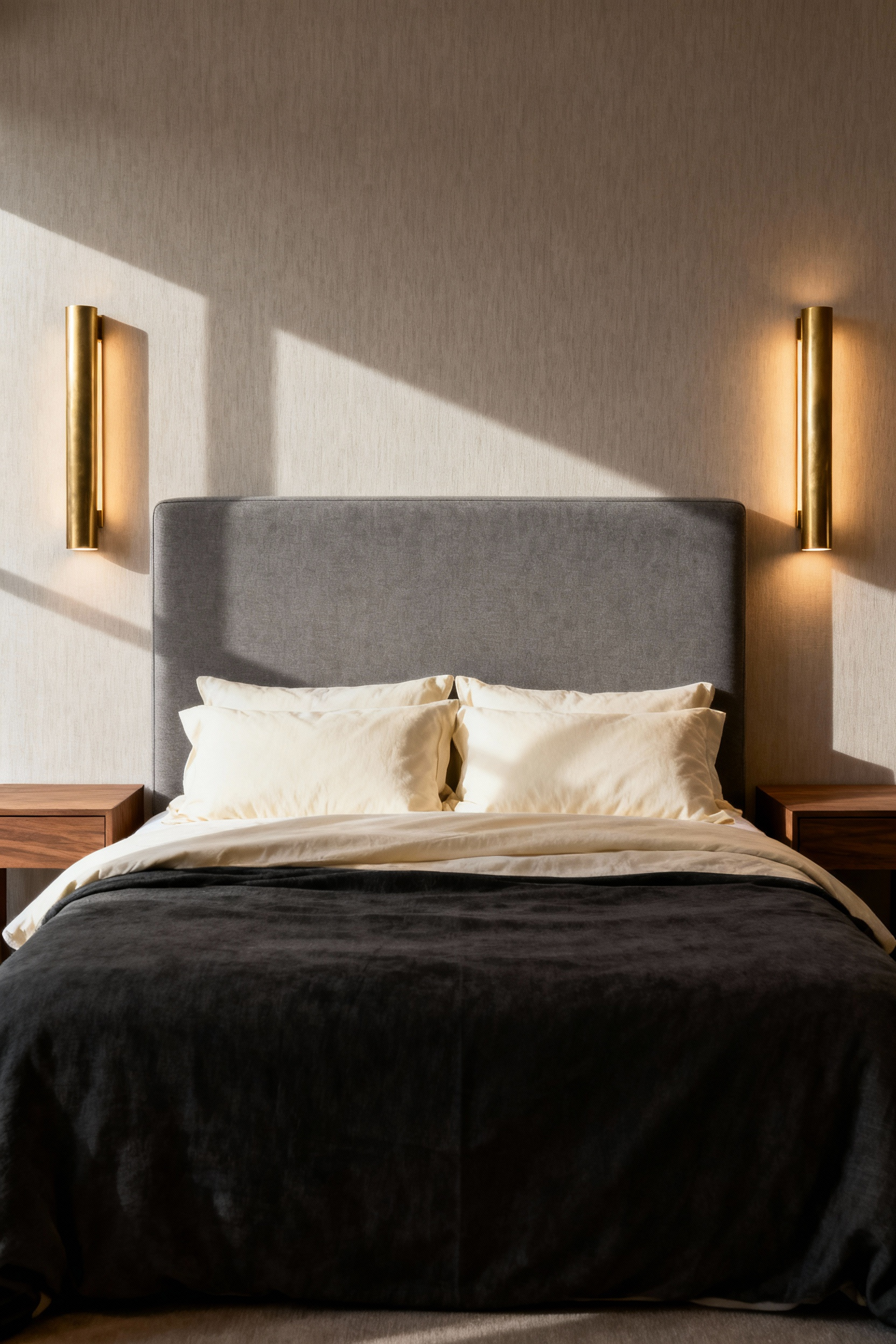 Detailed view of a balanced bedroom featuring a large bed anchored by two perfectly symmetrical, lit brass wall sconces flanking the headboard, emphasizing harmony and stability in the decor.