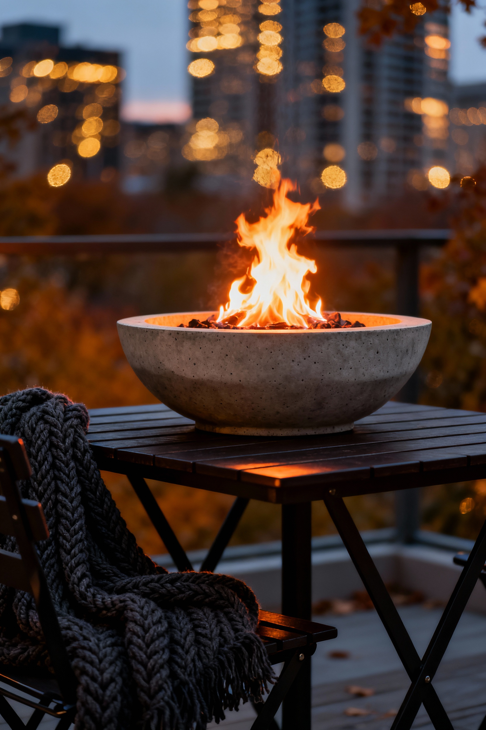 A sophisticated urban balcony scene at twilight featuring a lit concrete tabletop fire bowl on a wood bistro table, creating warm flickering light for cozy balcony decor in cooler months.