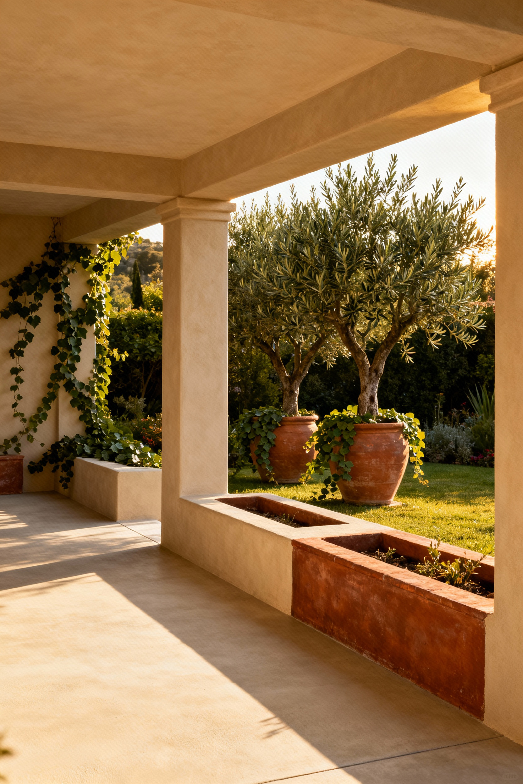 Earth-toned porch paint ideas utilizing a tonal gradation of light sandy beige on the concrete floor transitioning to deep terracotta clay on the foundational stucco walls, merging the porch with the adjacent lush garden.