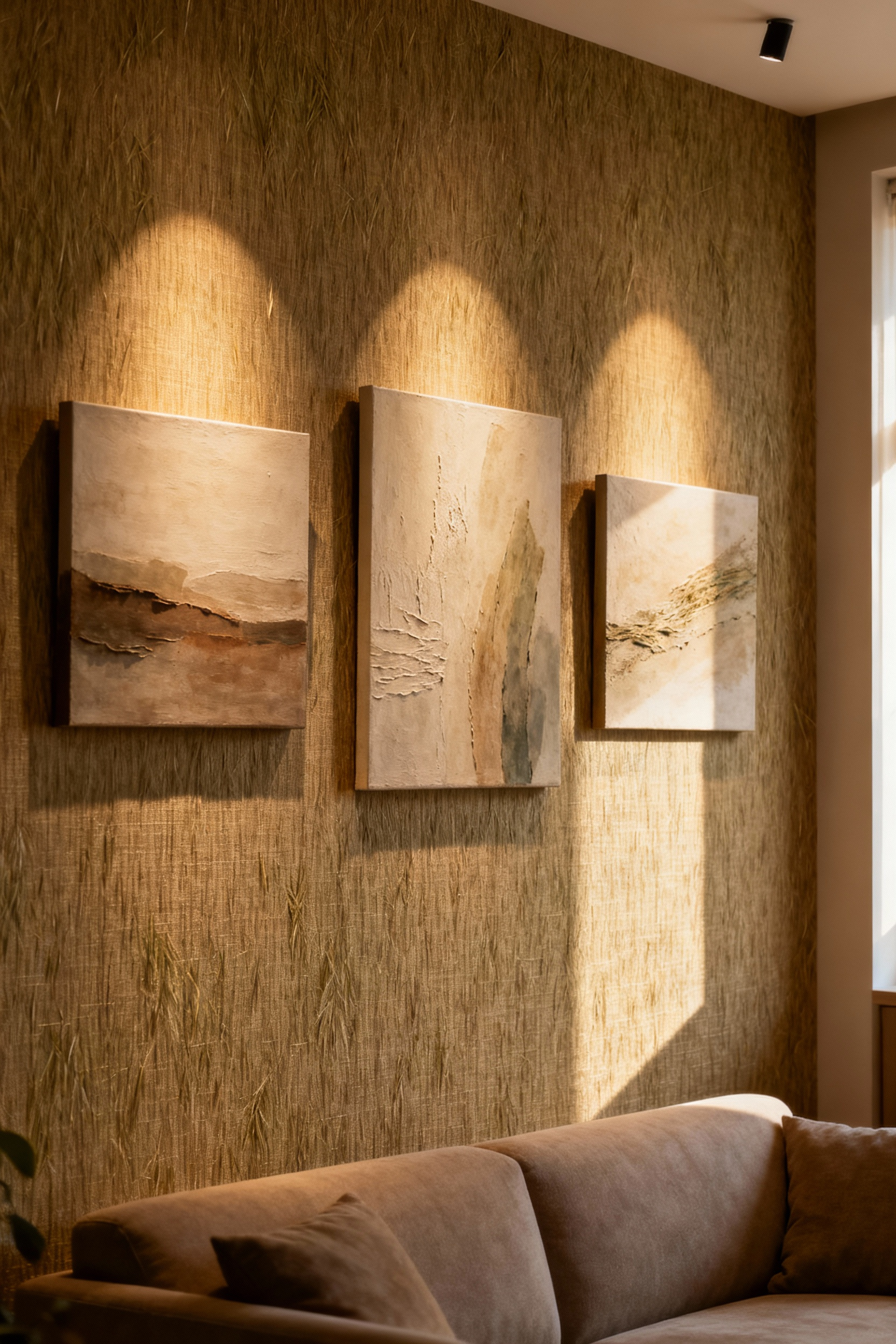 A cozy living room wall with warm-toned grasscloth wallpaper, illuminated by picture lights, featuring three abstract art pieces creating visual depth and a luxurious feel.