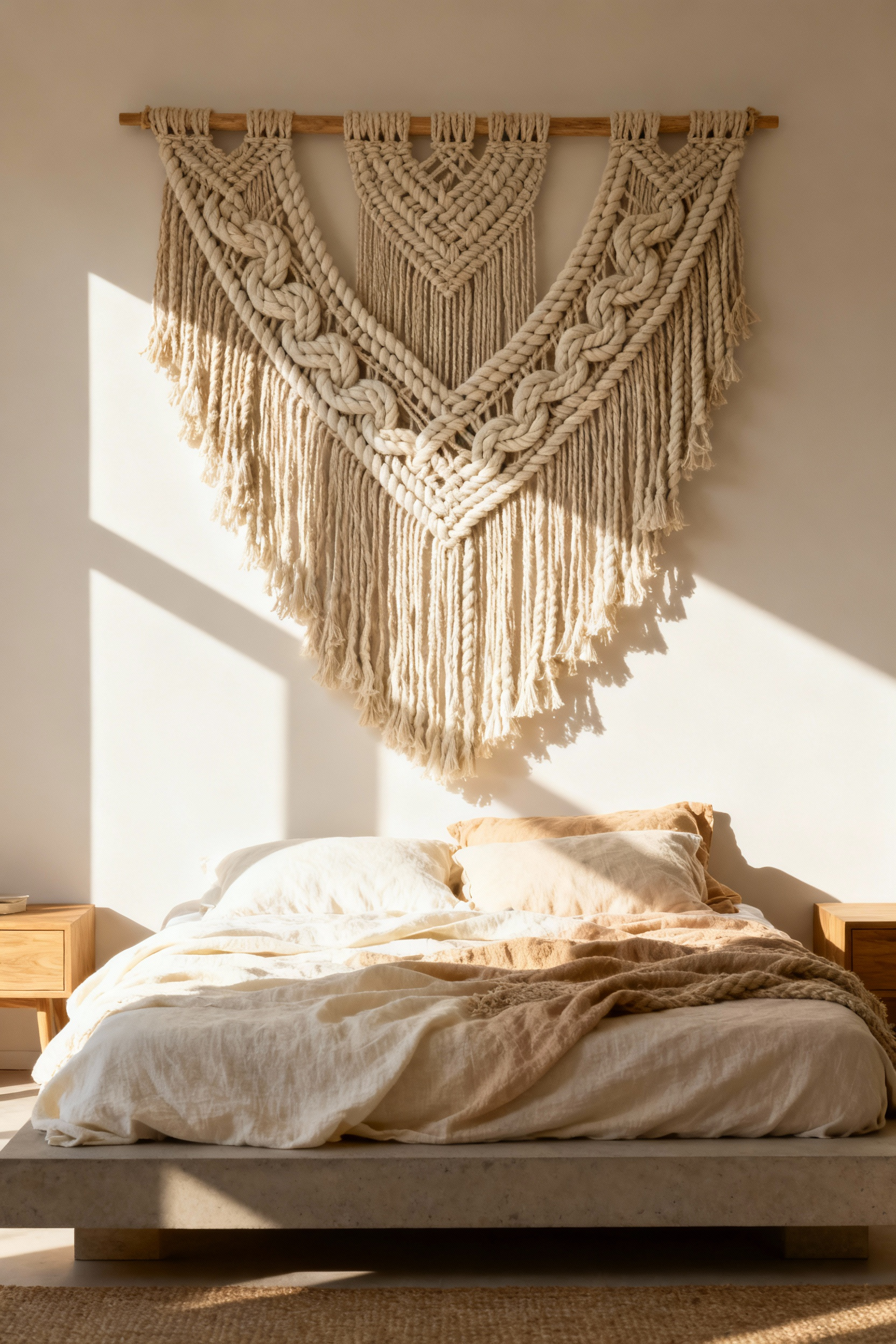A large, intricately knotted macramé wall hanging made of natural cotton and jute providing textured decor above a minimalist, cream-colored bed in a sunlit, neutral bedroom.