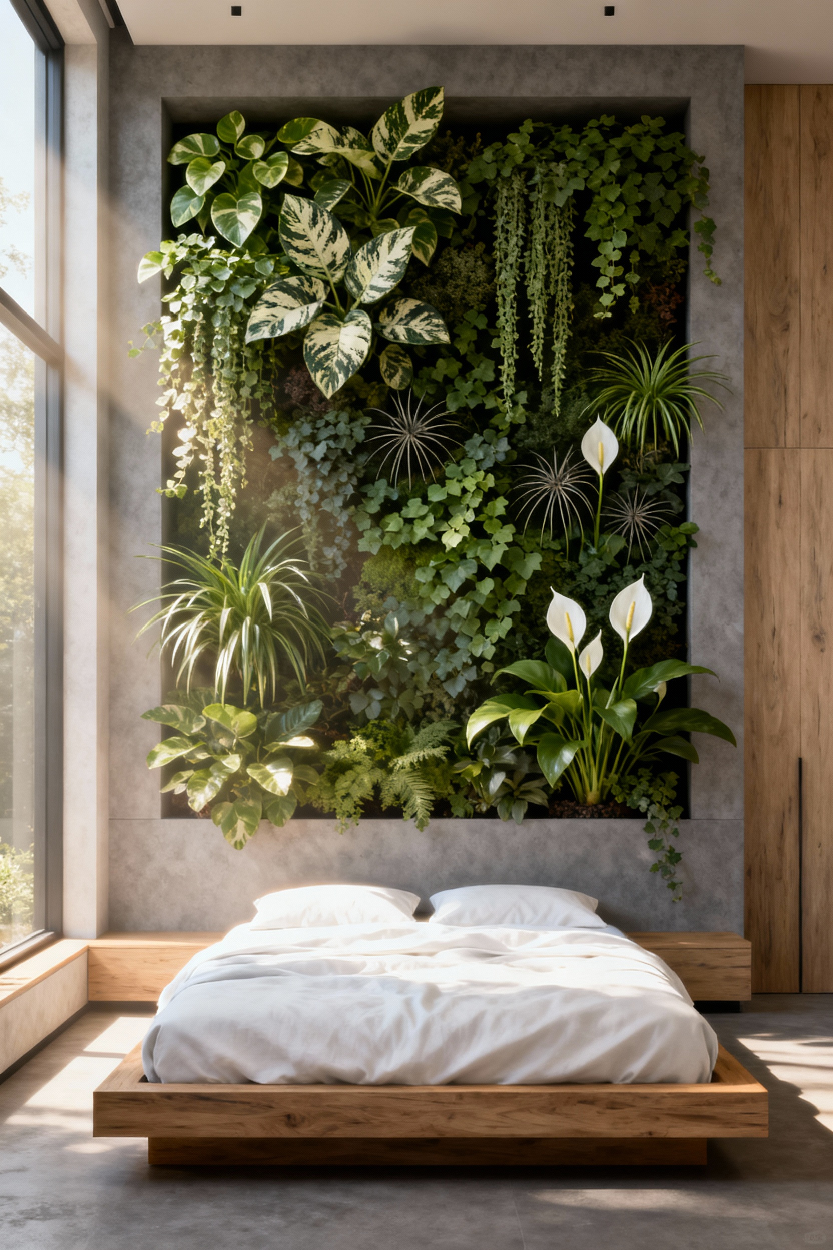 A lush vertical garden installation acting as bedroom wall decor above a minimalist bed, showcasing varied air-purifying plants like Pothos and Peace Lilies under soft natural light.