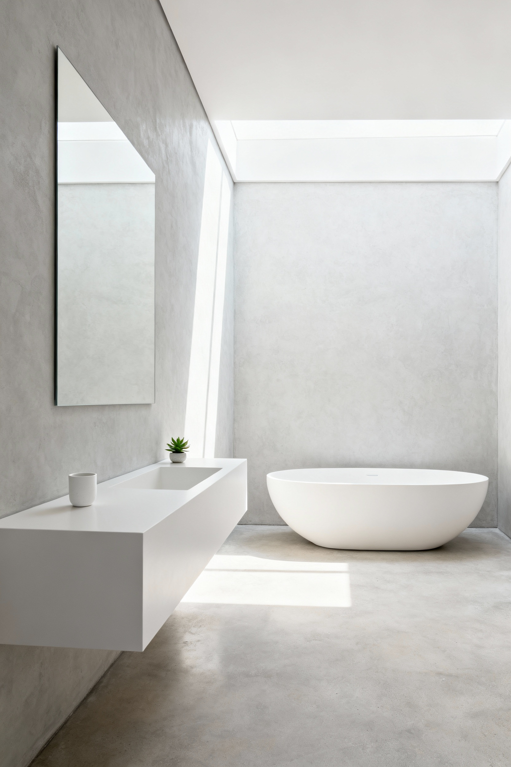 A serene, ultra-minimalist bathroom featuring a white floating vanity against light gray micro-cement walls, showcasing extreme negative space and a complete absence of clutter to promote cognitive ease.