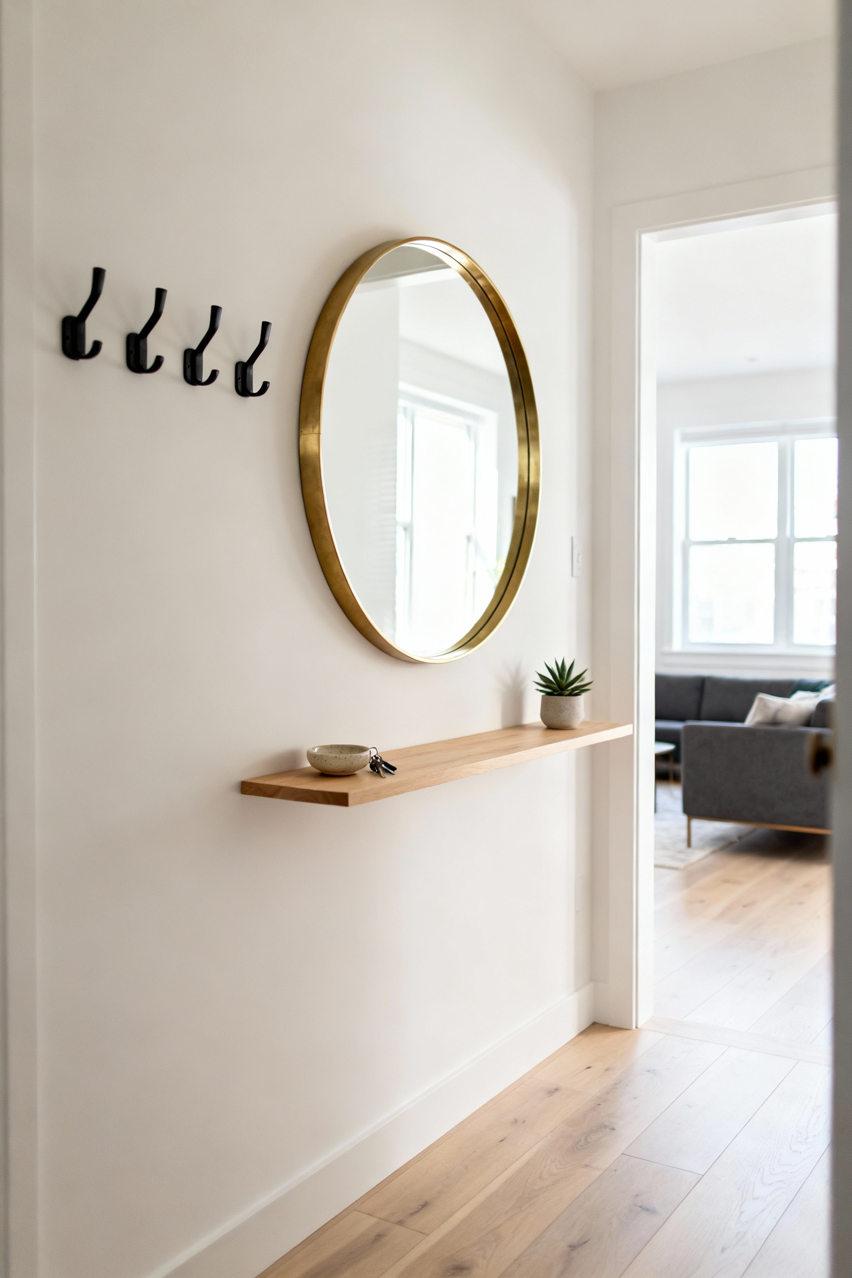 A photograph showcasing an apartment entryway solution featuring an ultra-slim floating light oak console, an oversized circular brass mirror, and functional wall hooks mounted on a white wall.