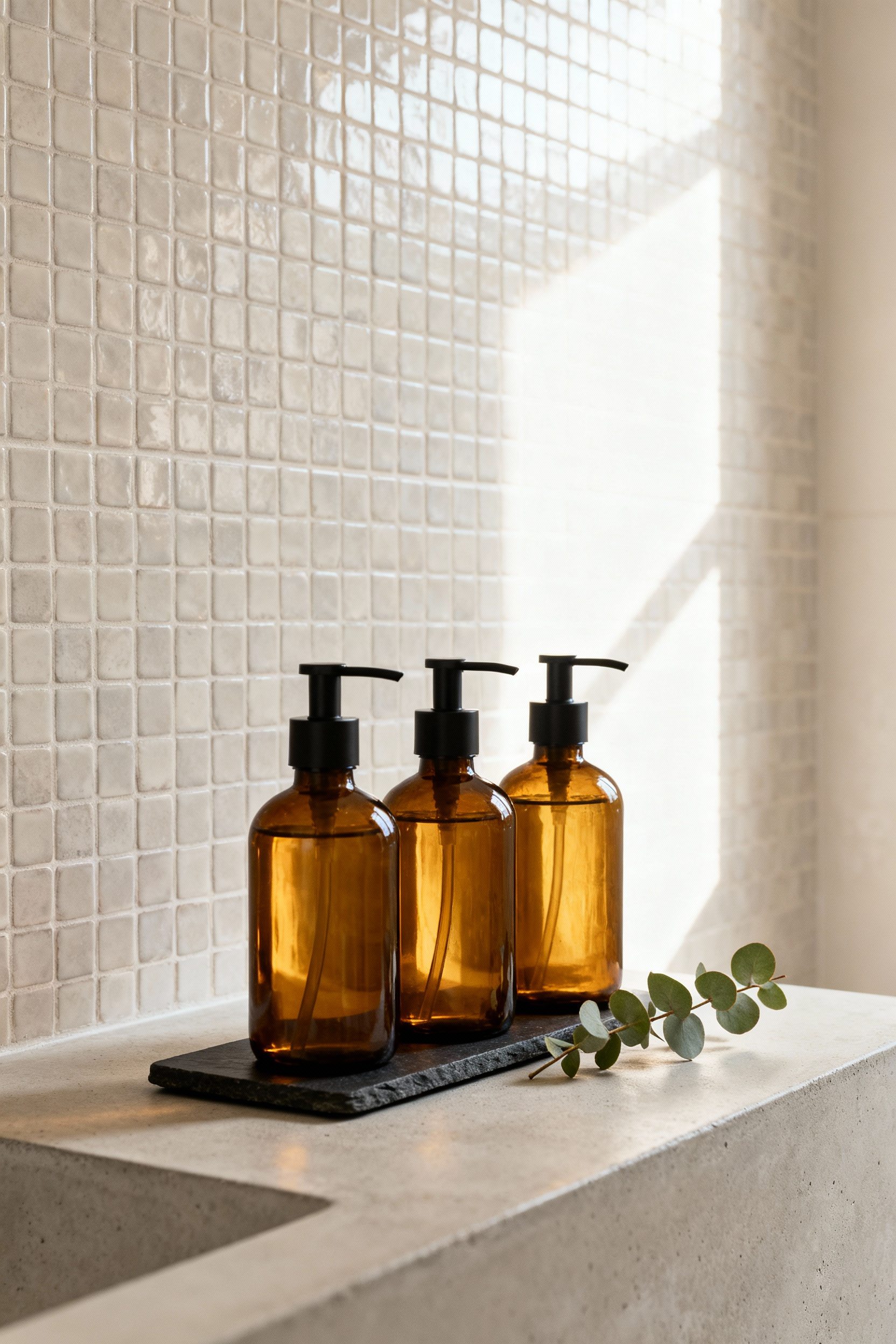 A minimalist bathroom counter featuring three uniform amber glass soap and lotion dispensers neatly arranged on a dark slate tray, emphasizing visual calm and organization.