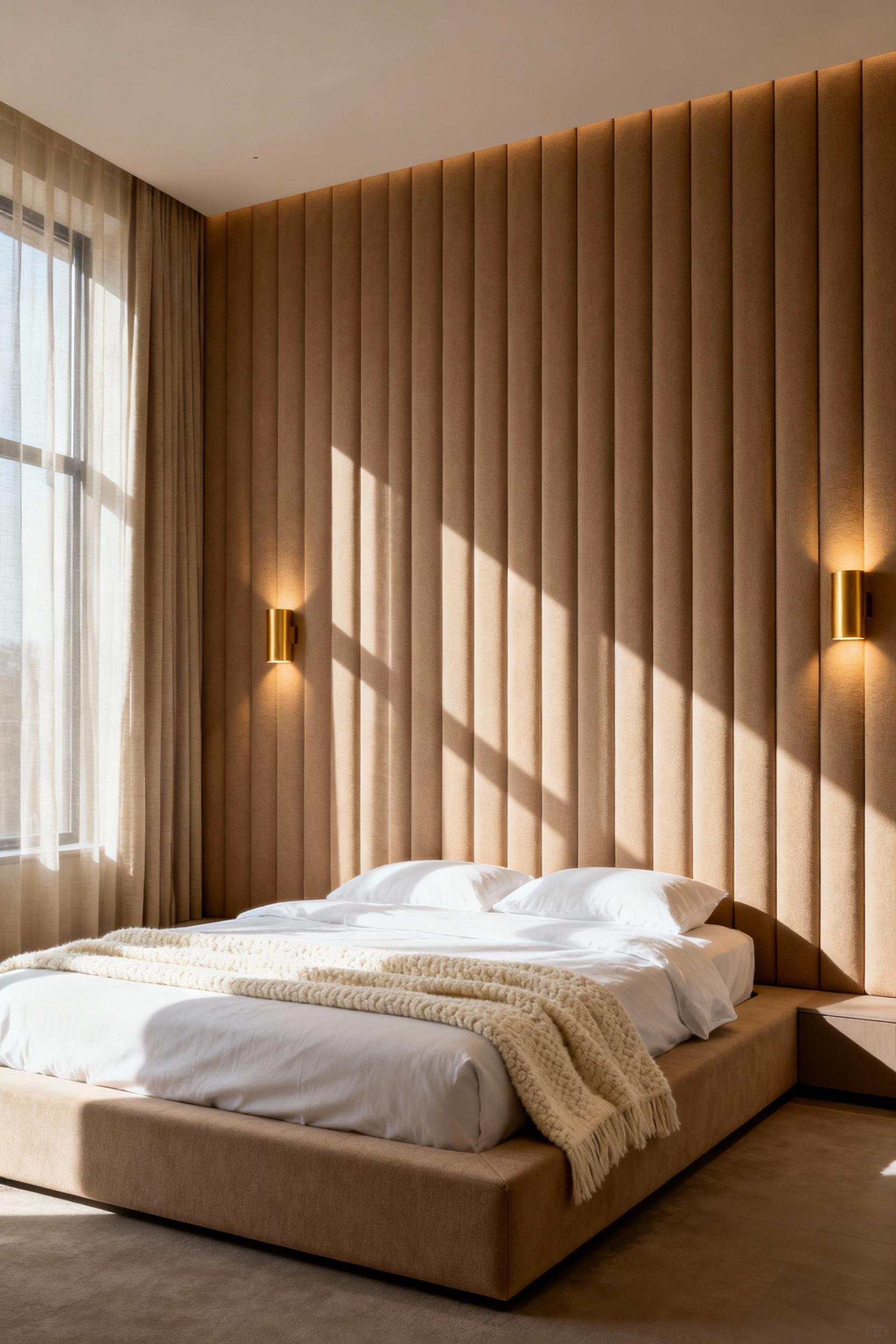 A tranquil, minimalist bedroom featuring a large wall covered in soft beige upholstered panels, designed for superior acoustic comfort and psychological safety.
